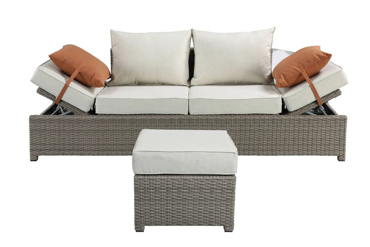 Salena All Weather Wicker Patio Sofa & Ottoman With 2 Toss Pillows 2 Piece Outdoor | 31 x 83 x 26 in | Polyester & Fabric | Gray / Beige