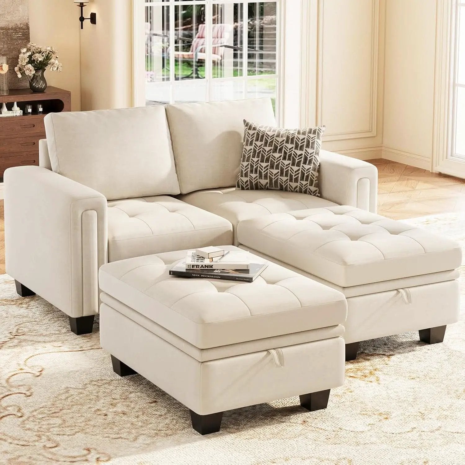 Beige Velvet Modular Sectional Sofa With Storage Sleeper from PriceLows™