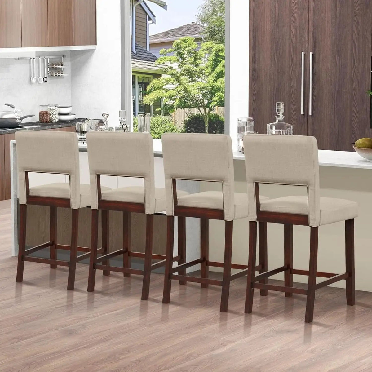 24.5 Inch Counter Height Bar Stools Set Of 4 With Back Upholstered Beige Linen For Kitchen Island from PriceLows™