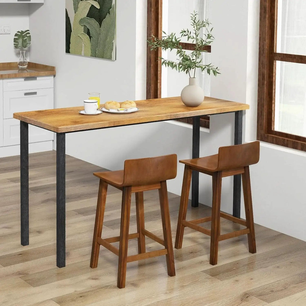 24.5 Inch Counter Height Farmhouse Wooden Bar Stool Set Of 2 With Brown Footrest And Low Back from PriceLows™
