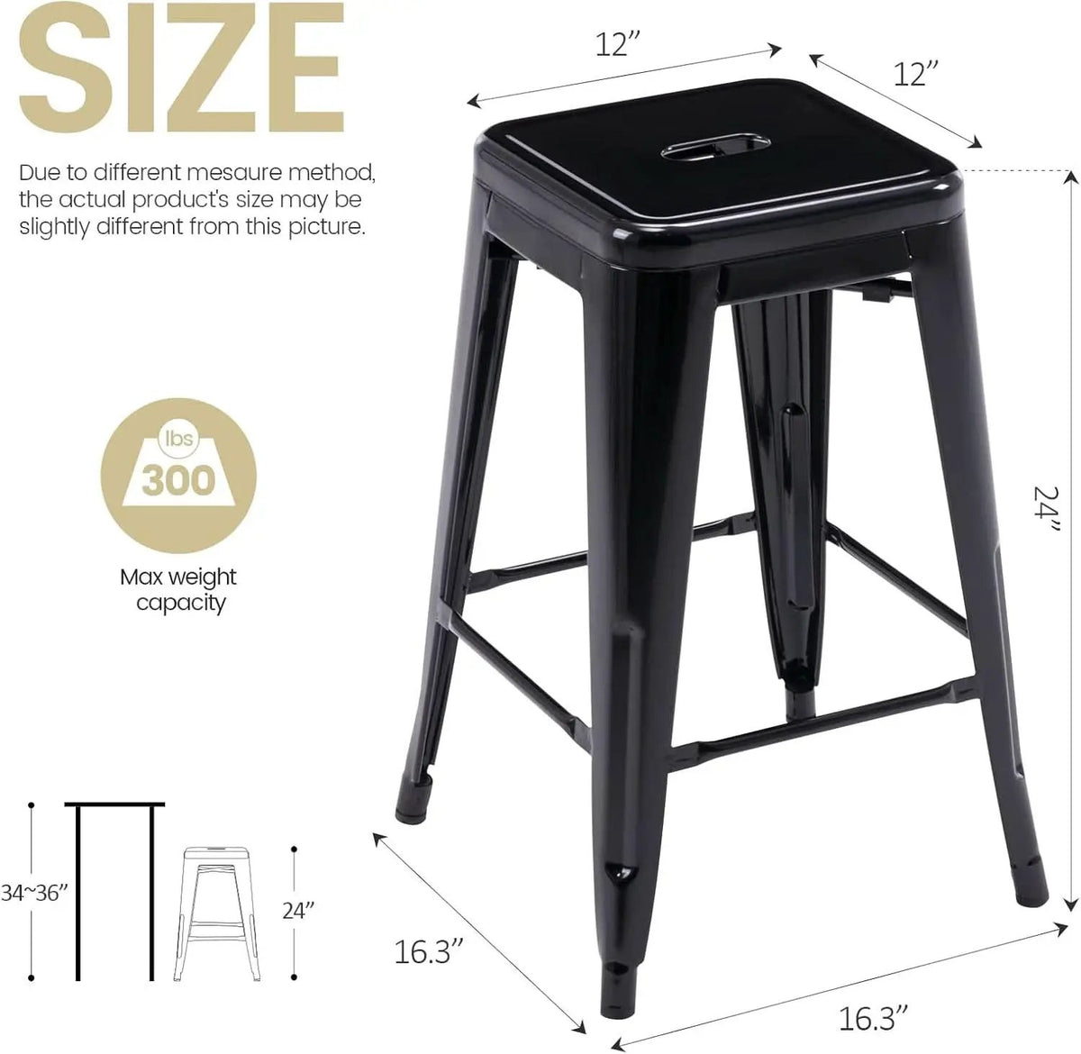 24 Inch Black Metal Bar Stools Set of 2 Backless Indoor Outdoor Square Seat Counter Height from PriceLows™
