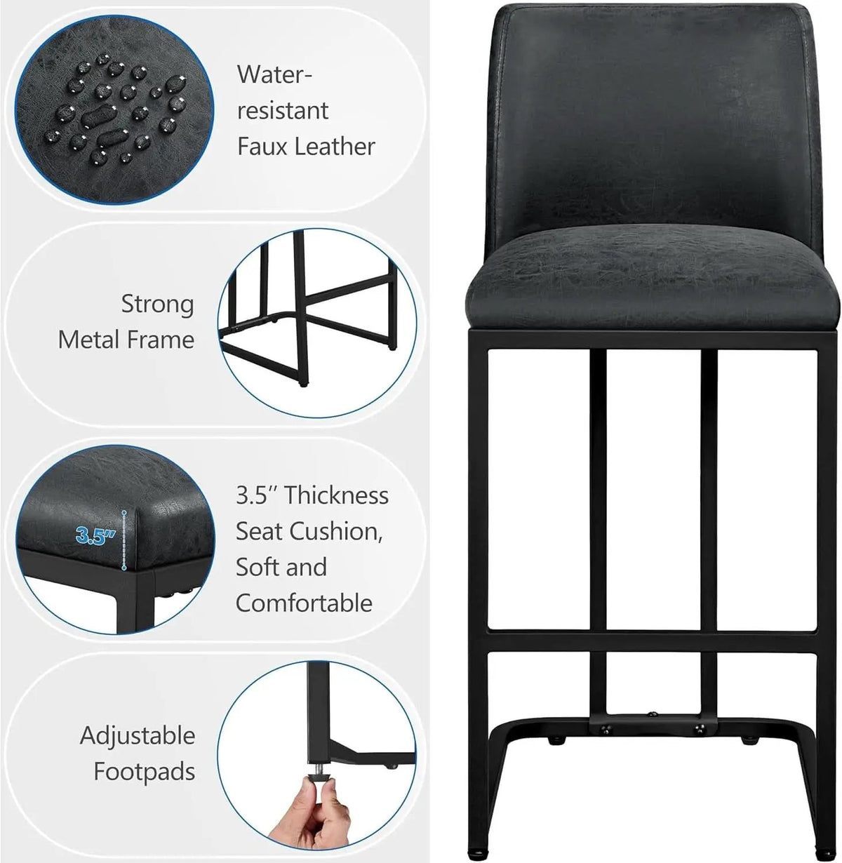 24 Inch Dark Gray Leather Counter Height Bar Stools Set 2 from PriceLows™