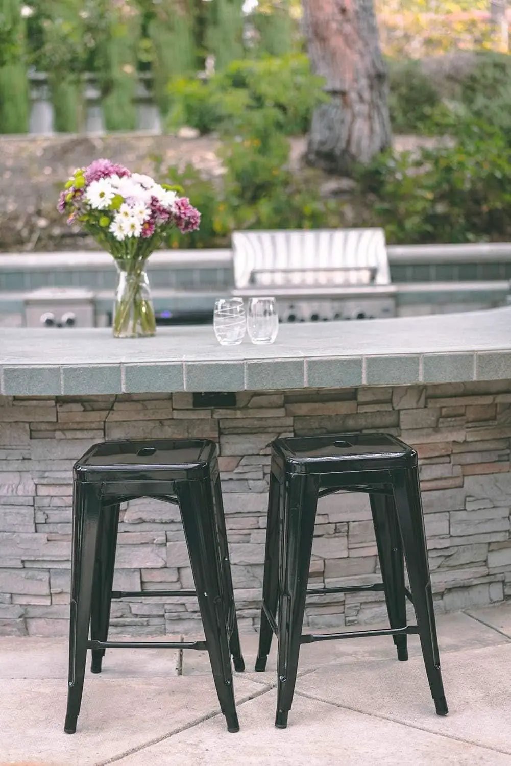 24 Inch Black Metal Bar Stools Set of 2 Backless Indoor Outdoor Square Seat Counter Height from PriceLows™