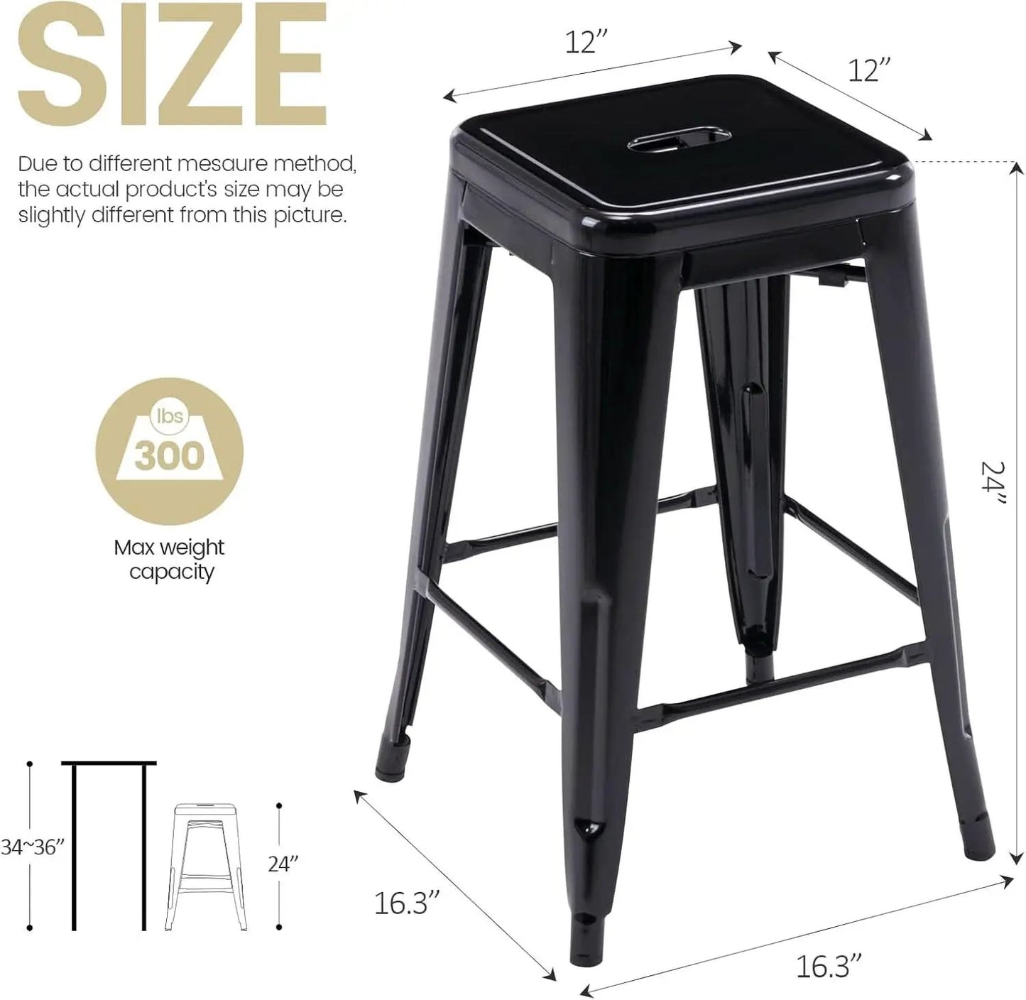 24 Inch Black Metal Bar Stools Set of 2 Backless Indoor Outdoor Square Seat Counter Height from PriceLows™