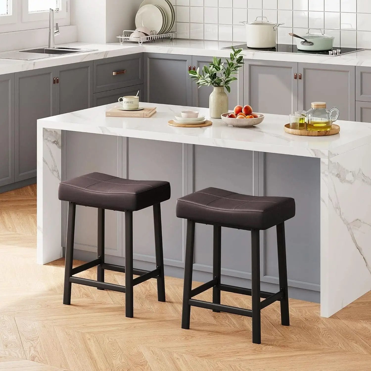24 Inch Backless Saddle Bar Stools Two Pack, Counter Height Upholstered Padded Seats With Curved Surface, Brown from PriceLows™