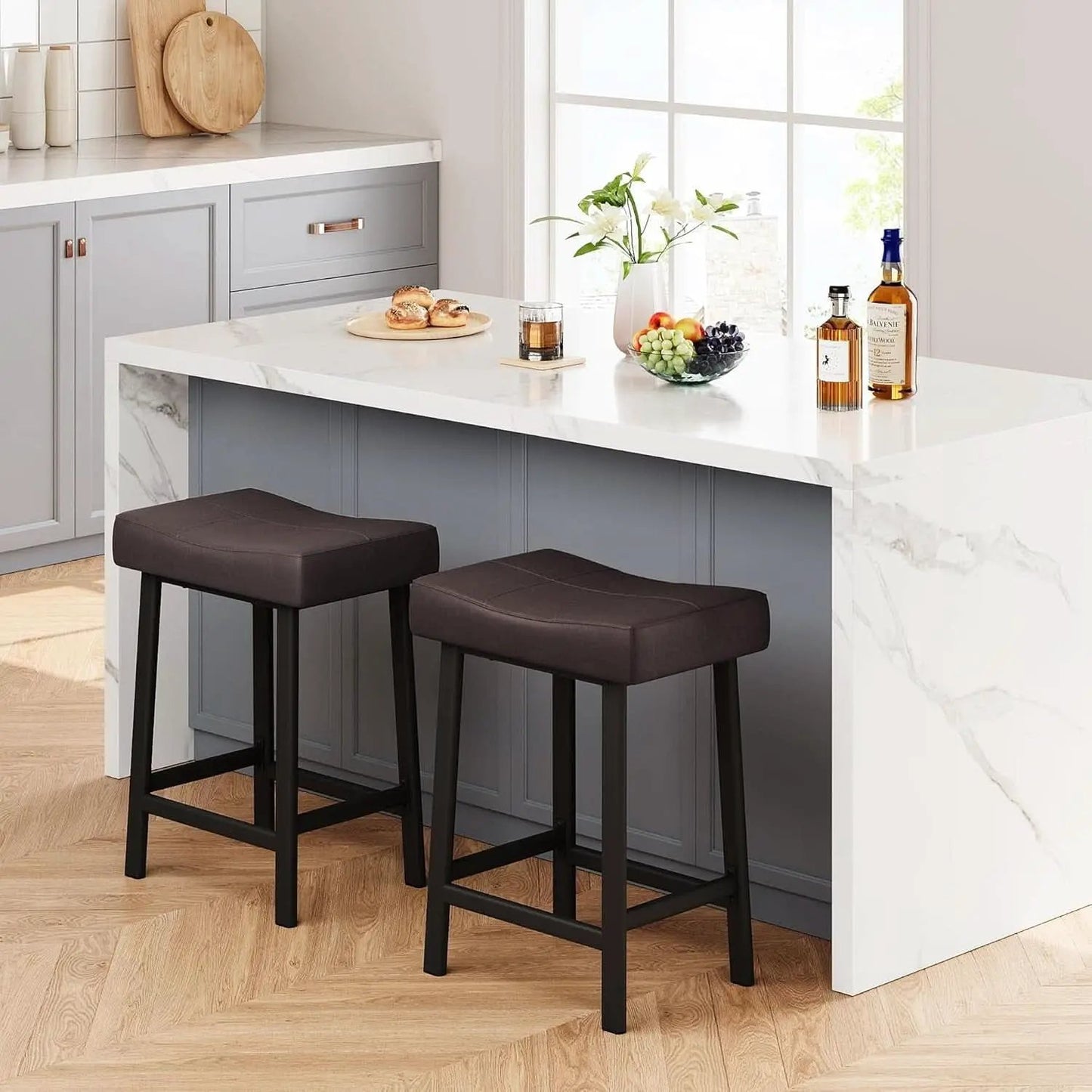 24 Inch Backless Saddle Bar Stools Two Pack, Counter Height Upholstered Padded Seats With Curved Surface, Brown from PriceLows™