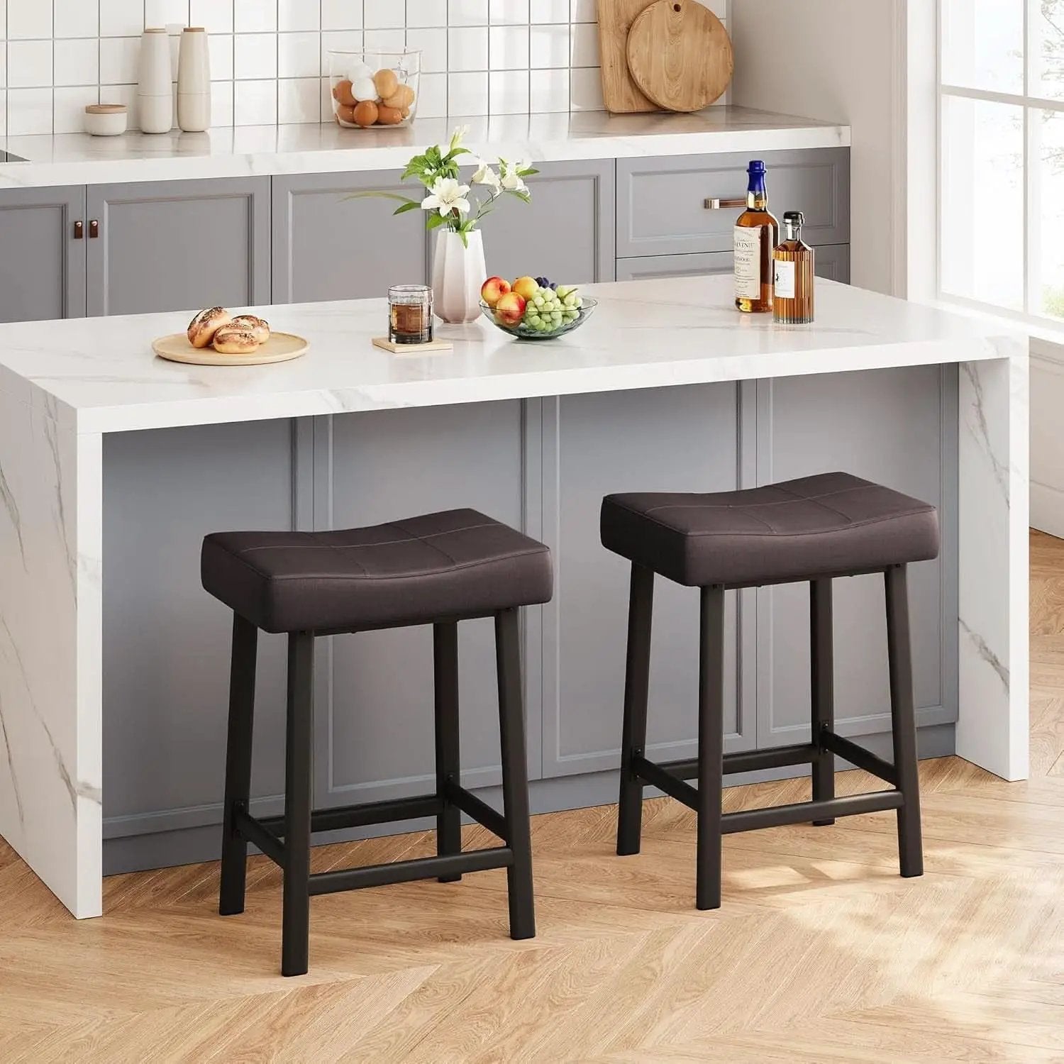 24 Inch Backless Saddle Bar Stools Two Pack, Counter Height Upholstered Padded Seats With Curved Surface, Brown from PriceLows™