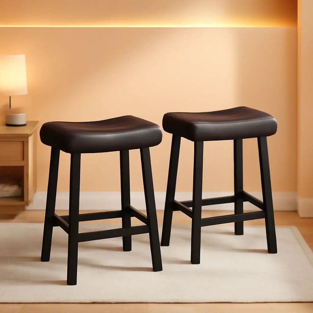 24 Inch Backless Saddle Bar Stools Two Pack, Counter Height Upholstered Padded Seats With Curved Surface, Brown from PriceLows™