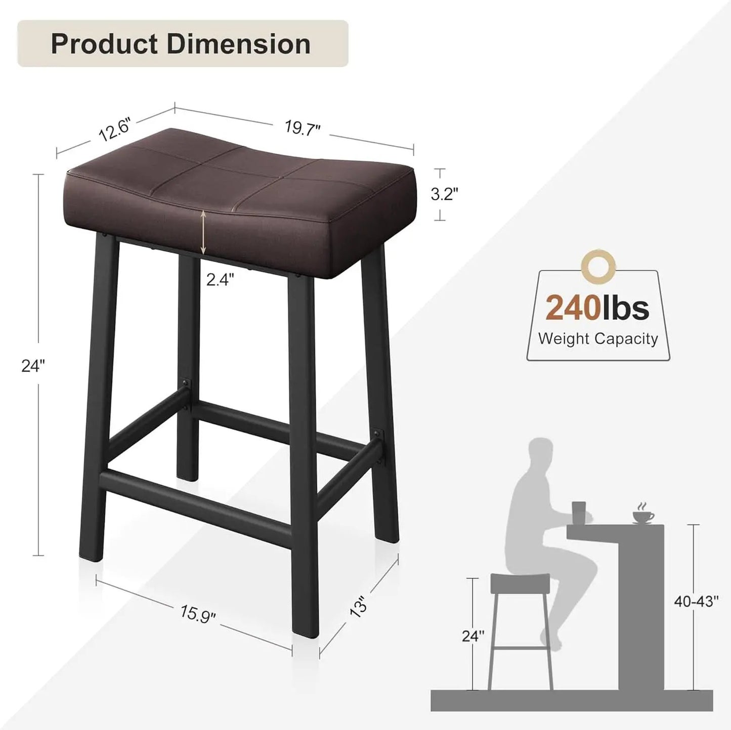 24 Inch Backless Saddle Bar Stools Two Pack, Counter Height Upholstered Padded Seats With Curved Surface, Brown from PriceLows™