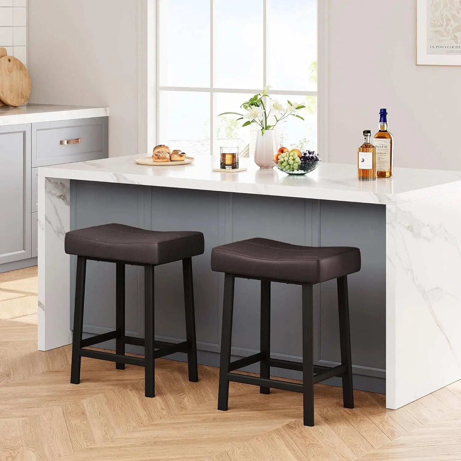 24 Inch Backless Saddle Bar Stools Two Pack, Counter Height Upholstered Padded Seats With Curved Surface, Brown from PriceLows™