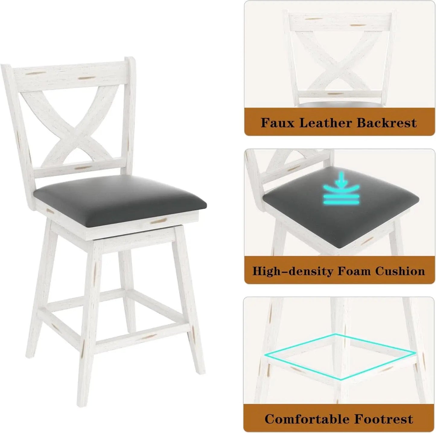 24 Inch Counter Height Bar Stools With 360 Degree Swivel And Grey Faux Leather Seat from PriceLows™