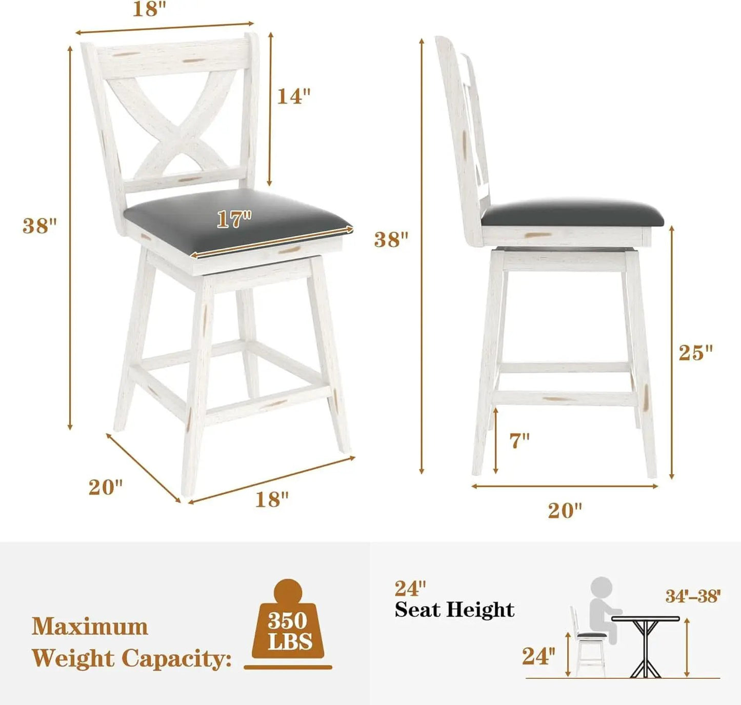 24 Inch Counter Height Bar Stools With 360 Degree Swivel And Grey Faux Leather Seat from PriceLows™