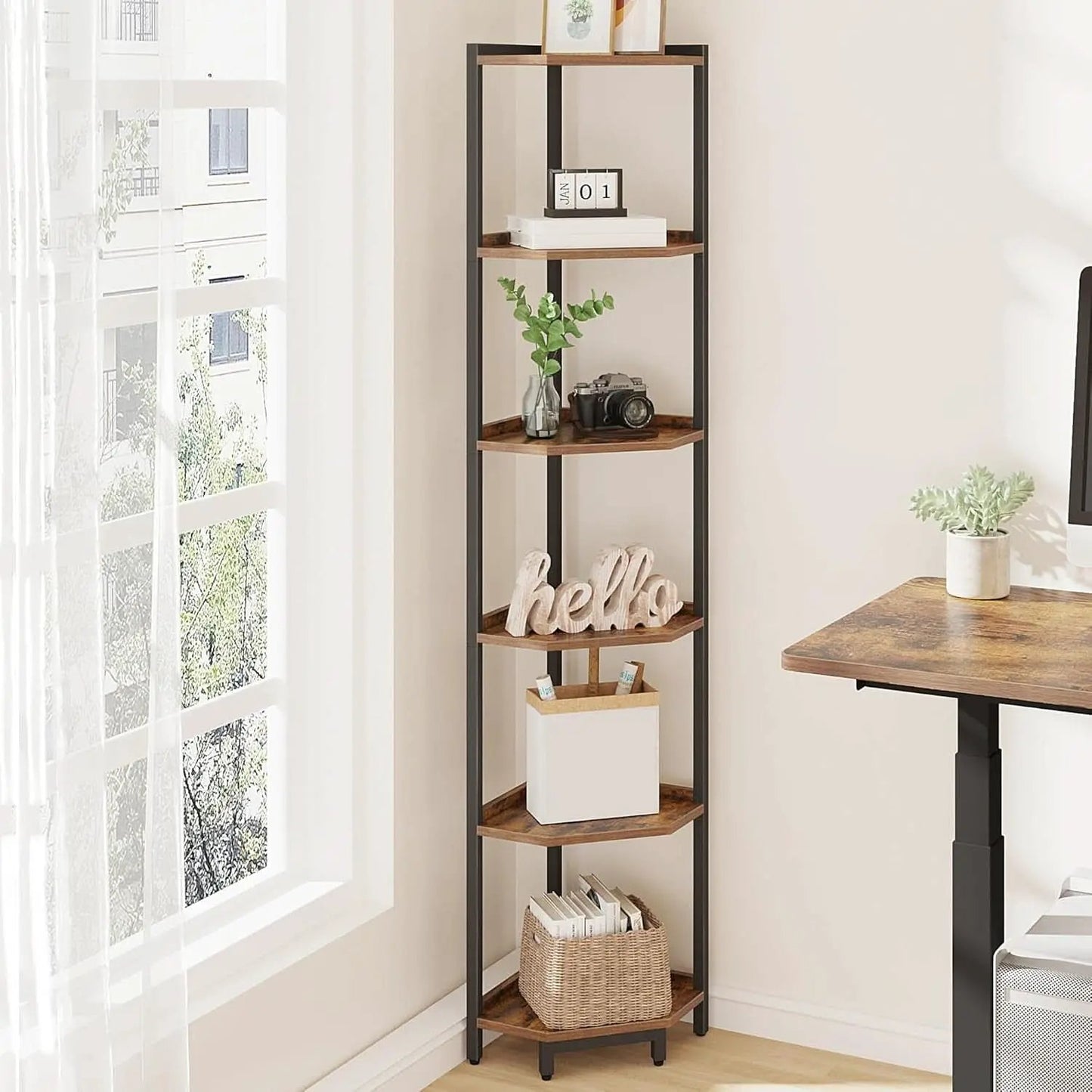 6-Tier Rustic Brown Corner Shelf Stand For Living Room from PriceLows™