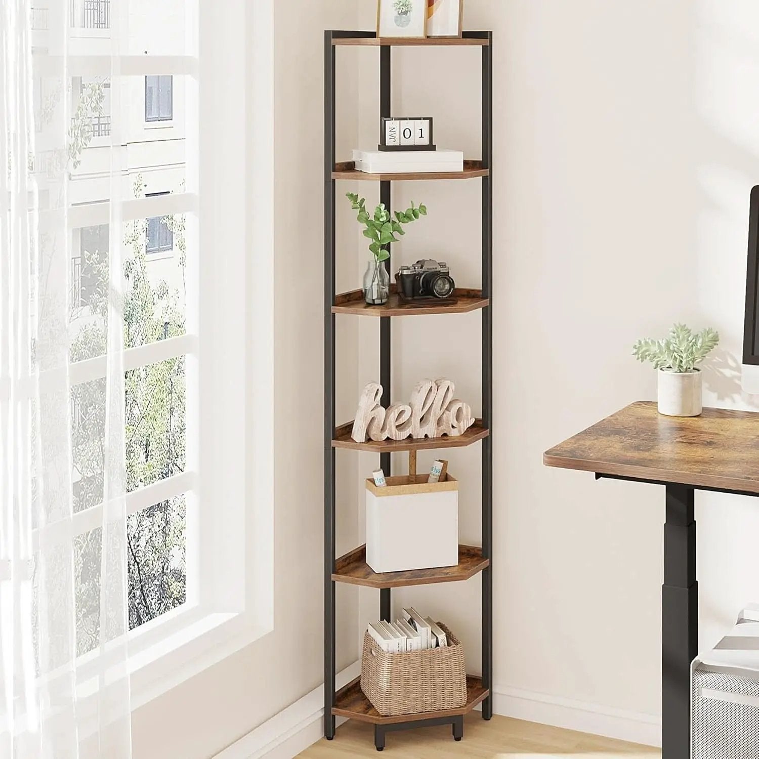 6-Tier Rustic Brown Corner Shelf Stand For Living Room from PriceLows™