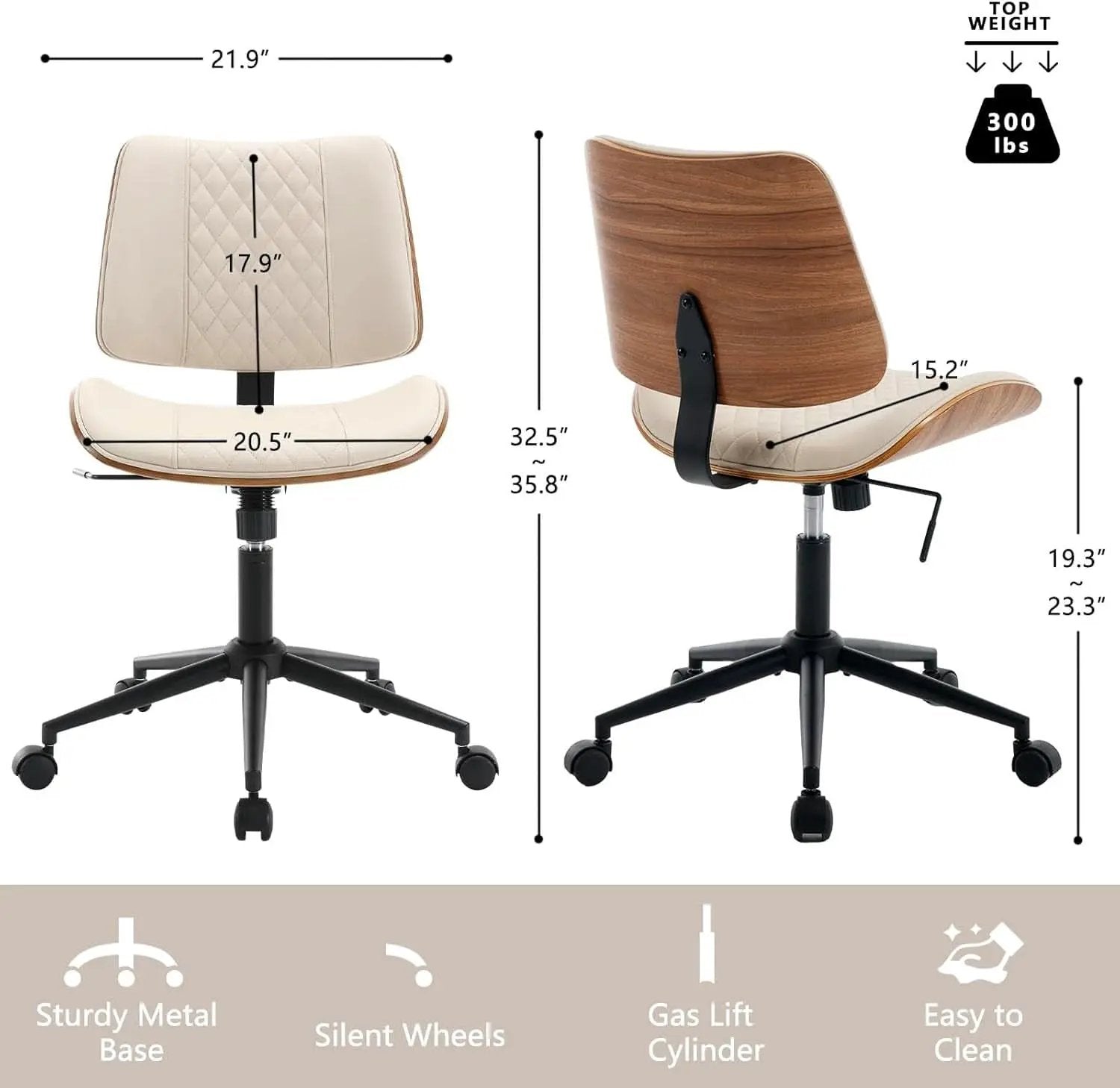 Armless Office Chair With Wheels Beige PU Leather Ergonomic from PriceLows™