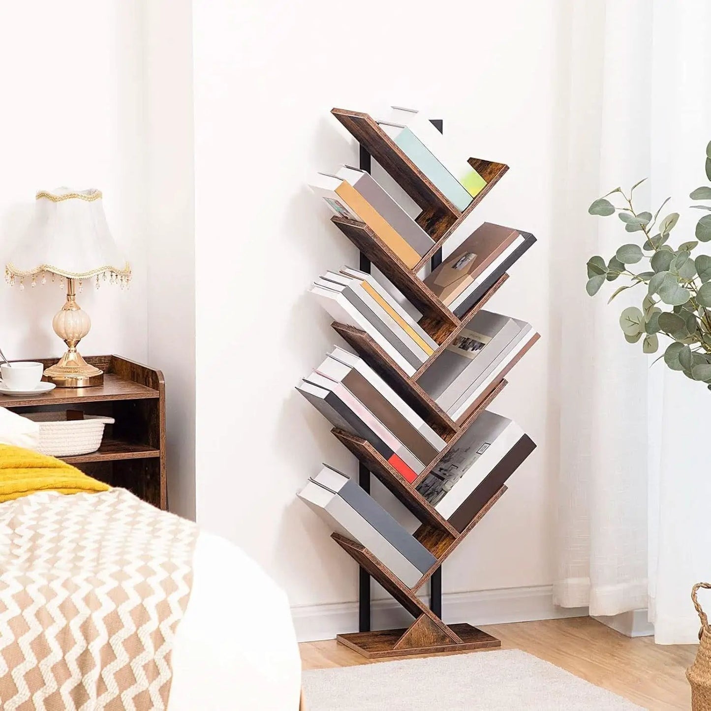 Tree Bookshelf 9 Tier Rustic Brown Living Room Bookcase from PriceLows™
