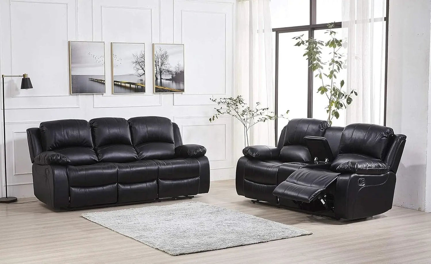 2Piece Bonded Leather Recliner Sofa And Loveseat Set Black 8018 With Pocket Coil Cushions from PriceLows™
