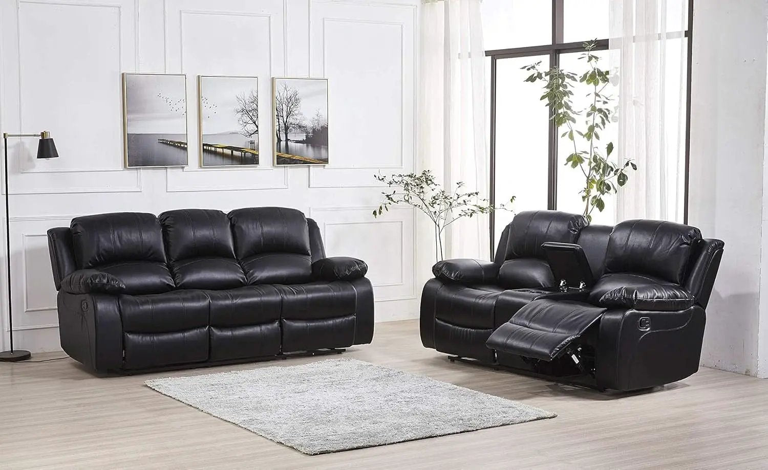 2Piece Bonded Leather Recliner Sofa And Loveseat Set Black 8018 With Pocket Coil Cushions from PriceLows™