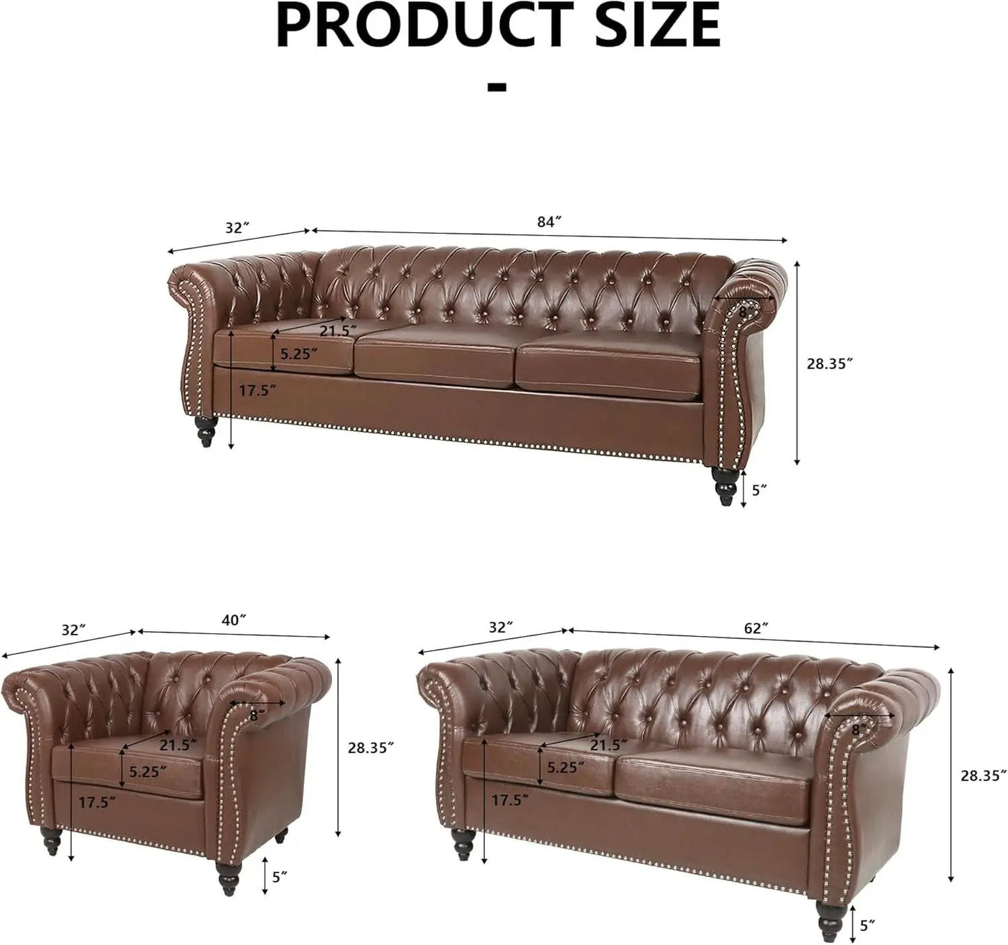 3 Piece Chesterfield Leather Sofa Set With Rolled Arms And Nailhead Trim Modern Brown Living Room Set from PriceLows™
