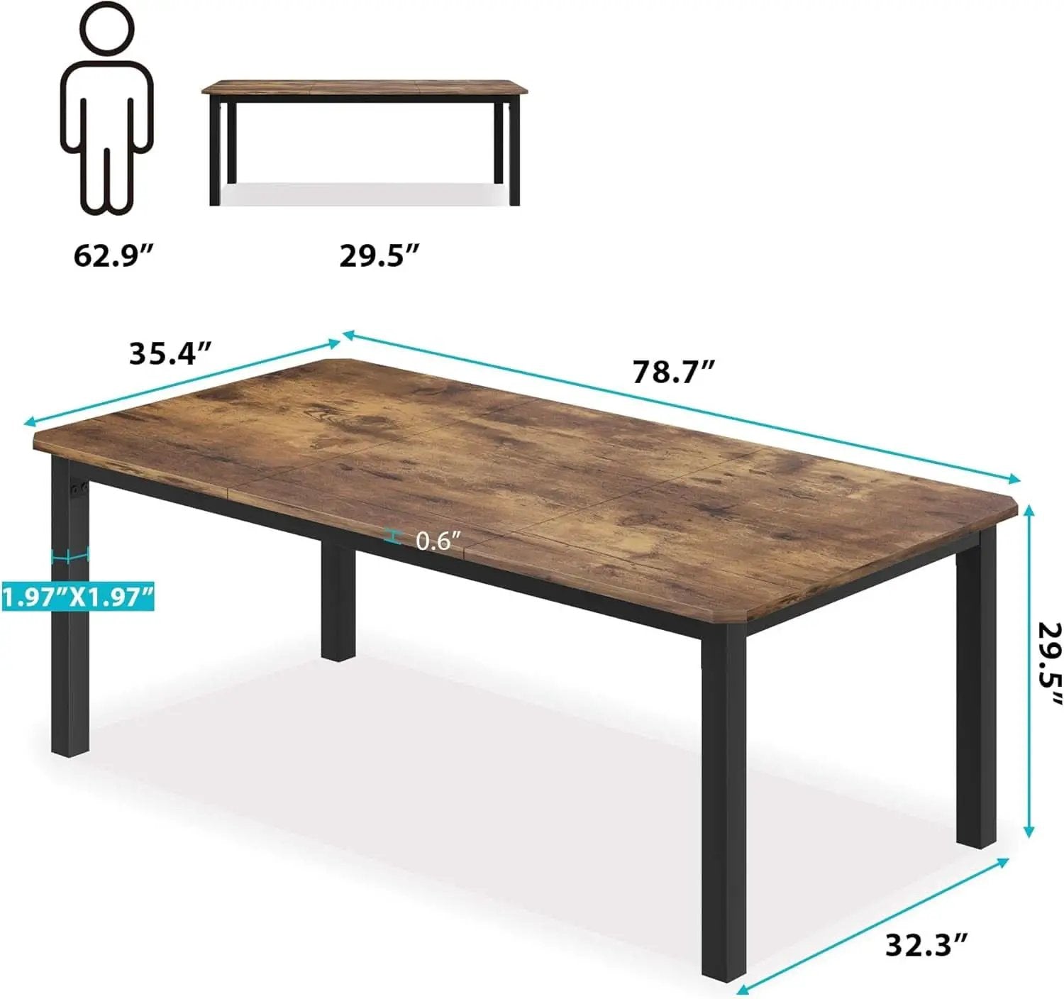 Industrial Wood Dining Table 78.7 Inches Long Brown Finish from PriceLows™
