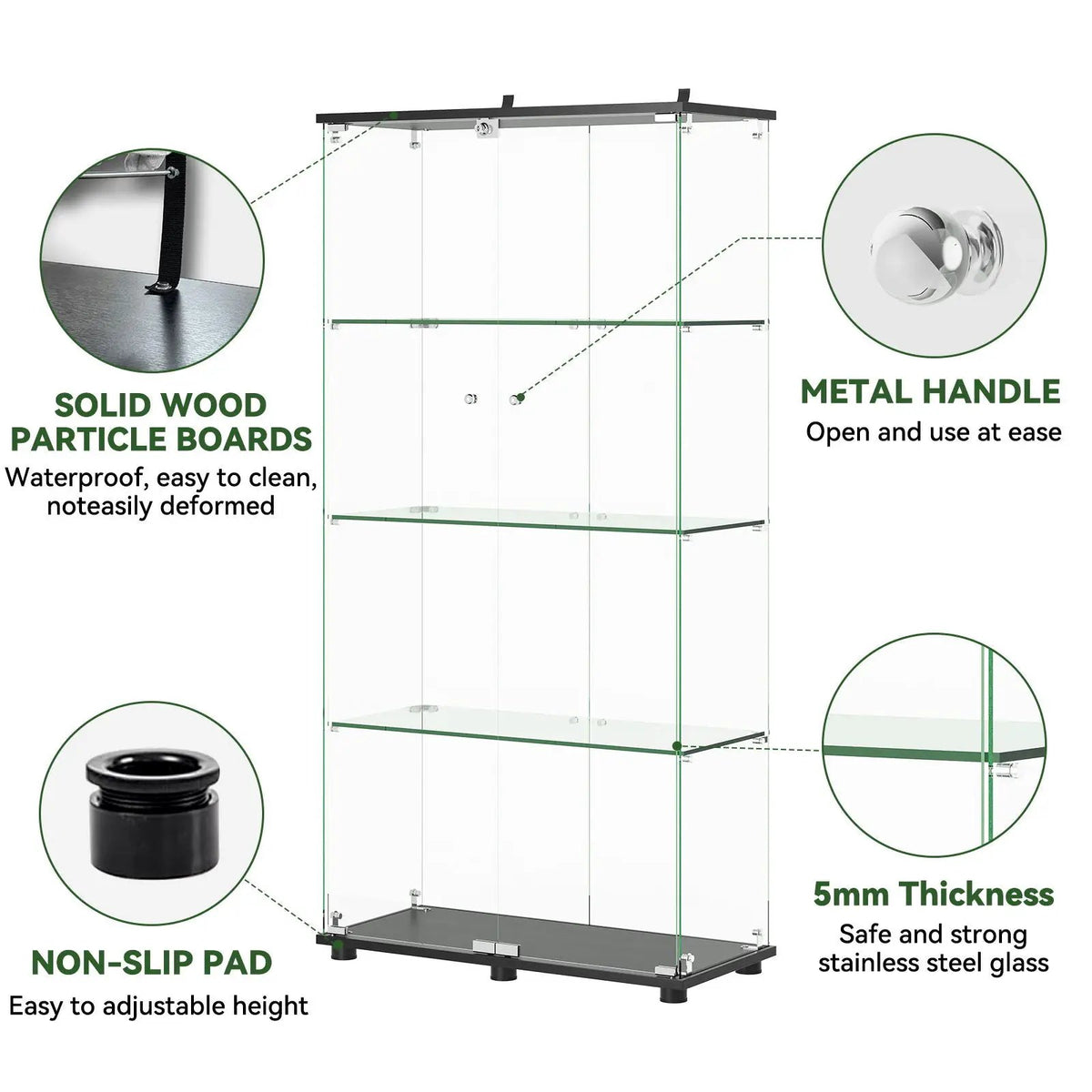 Display Cabinet With Lock | Double Doors | 5mm Tempered Glass Shelves | 50 Lb Shelf Capacity