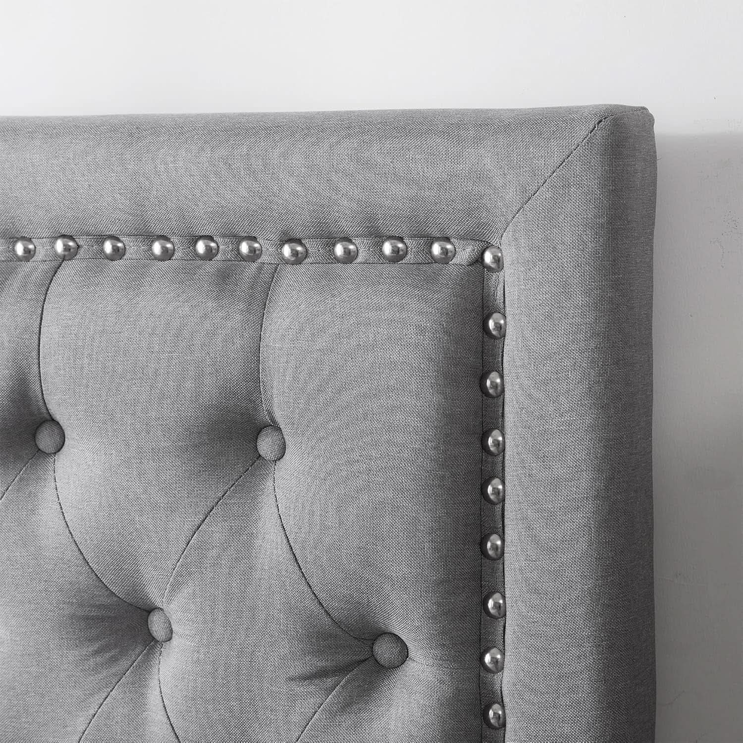 Tufted Linen Gray Dorm Headboard with Nailhead Trim from PriceLows™