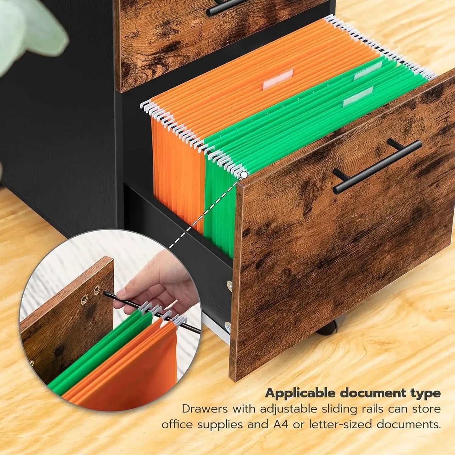 Wooden Three Drawer File Cabinet Under Desk Fits A4 Letter Size Rustic Brown Black Finish With Rolling Storage from PriceLows™