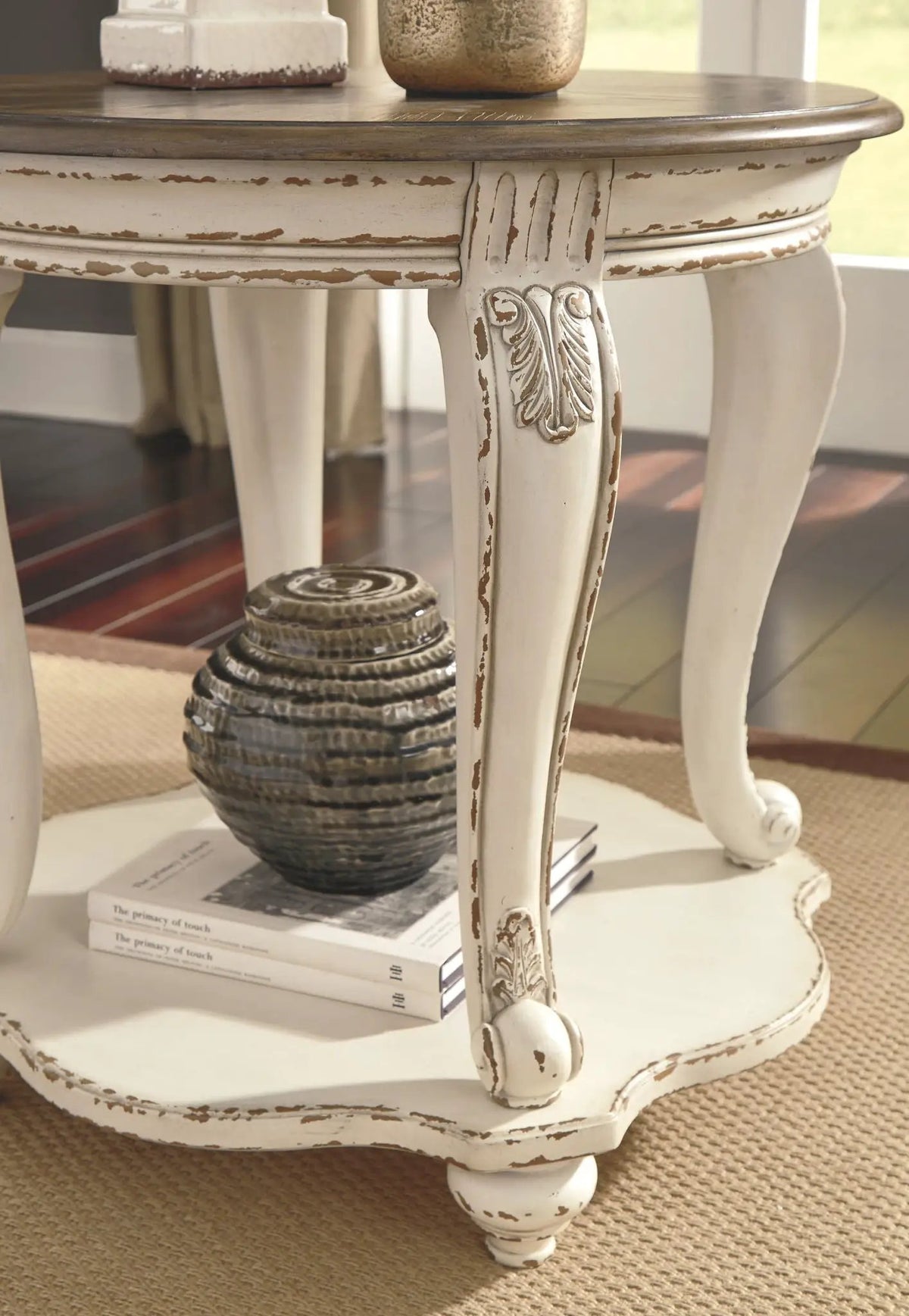 Realyn Round End Table | White And Brown | Antiqued Two-Tone Finish | Ash Veneer
