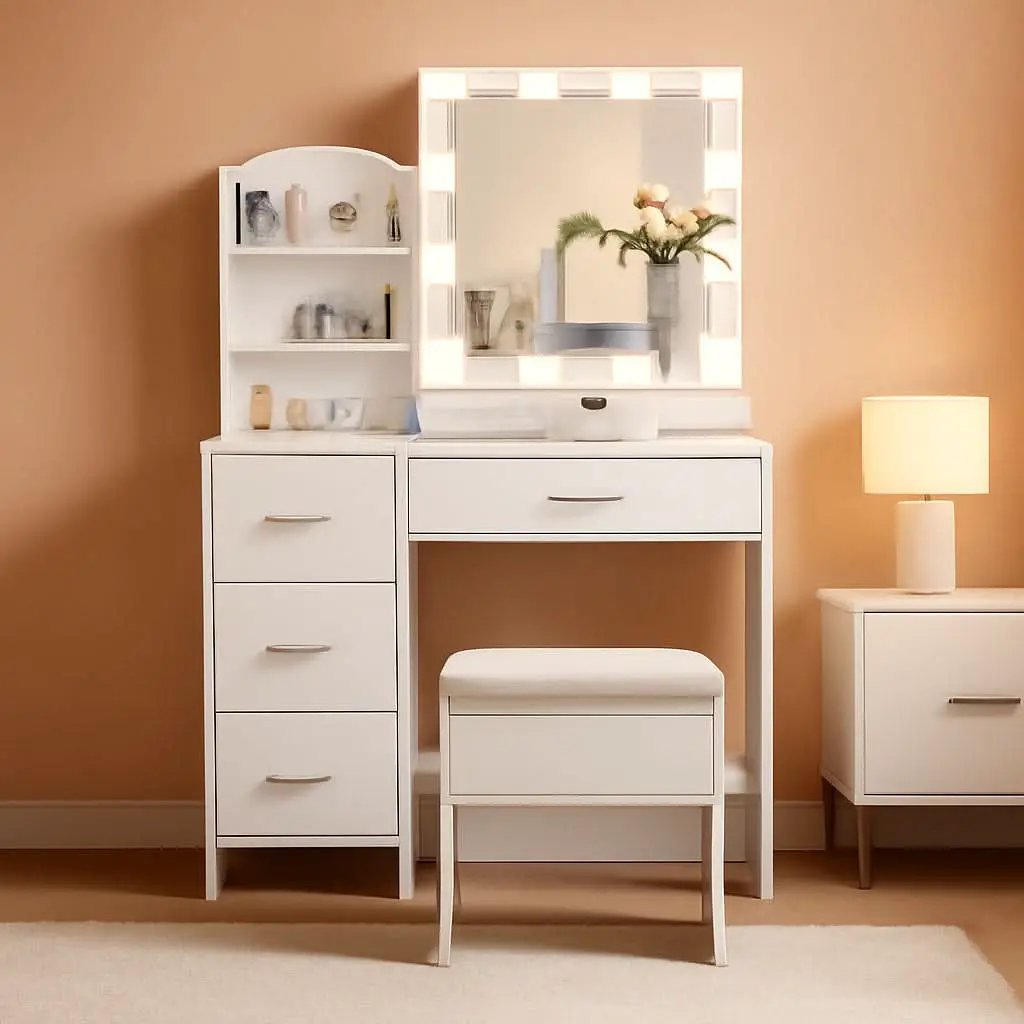 White Vanity Desk With Lighted Mirror And Charging Station from PriceLows™