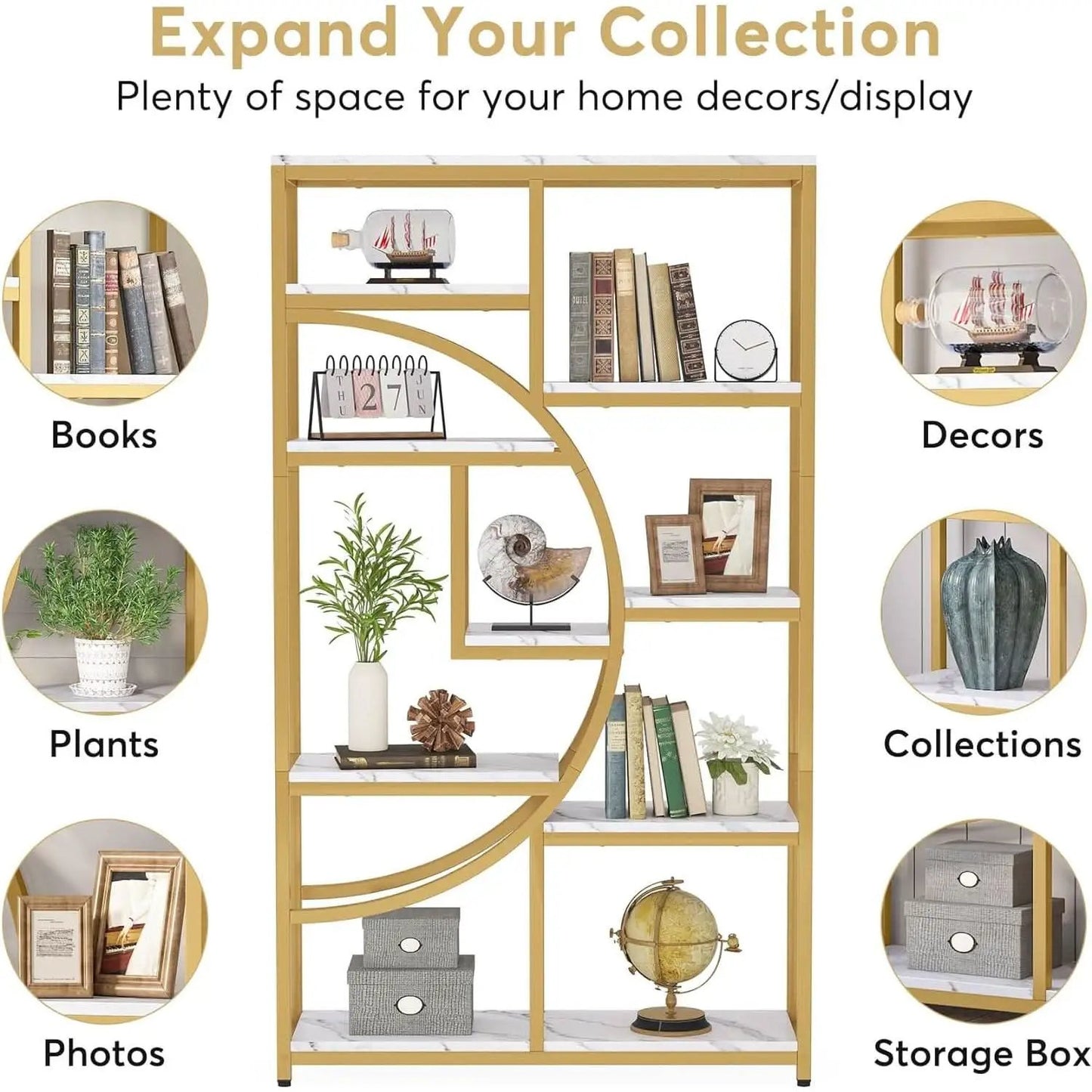 Industrial 5 Tier Etagere Bookcase Gold Frame Shelves from PriceLows™