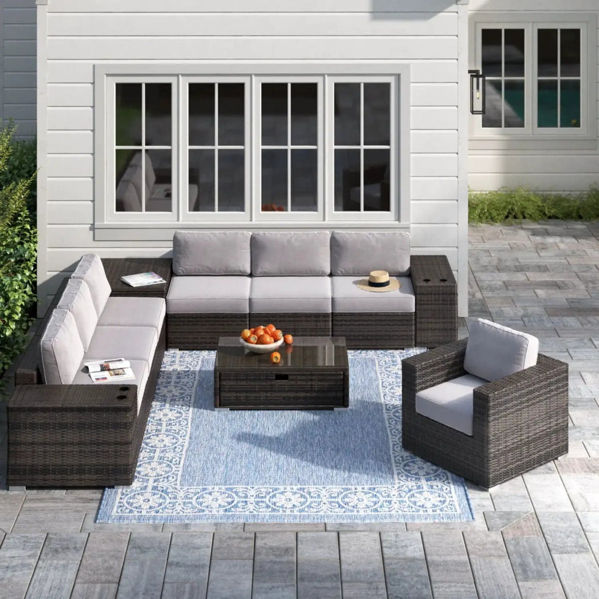 Patio Rattan Sectional Set | Half-Round HDPE Wicker | Rustproof Aluminum Frame | Fully Assembled