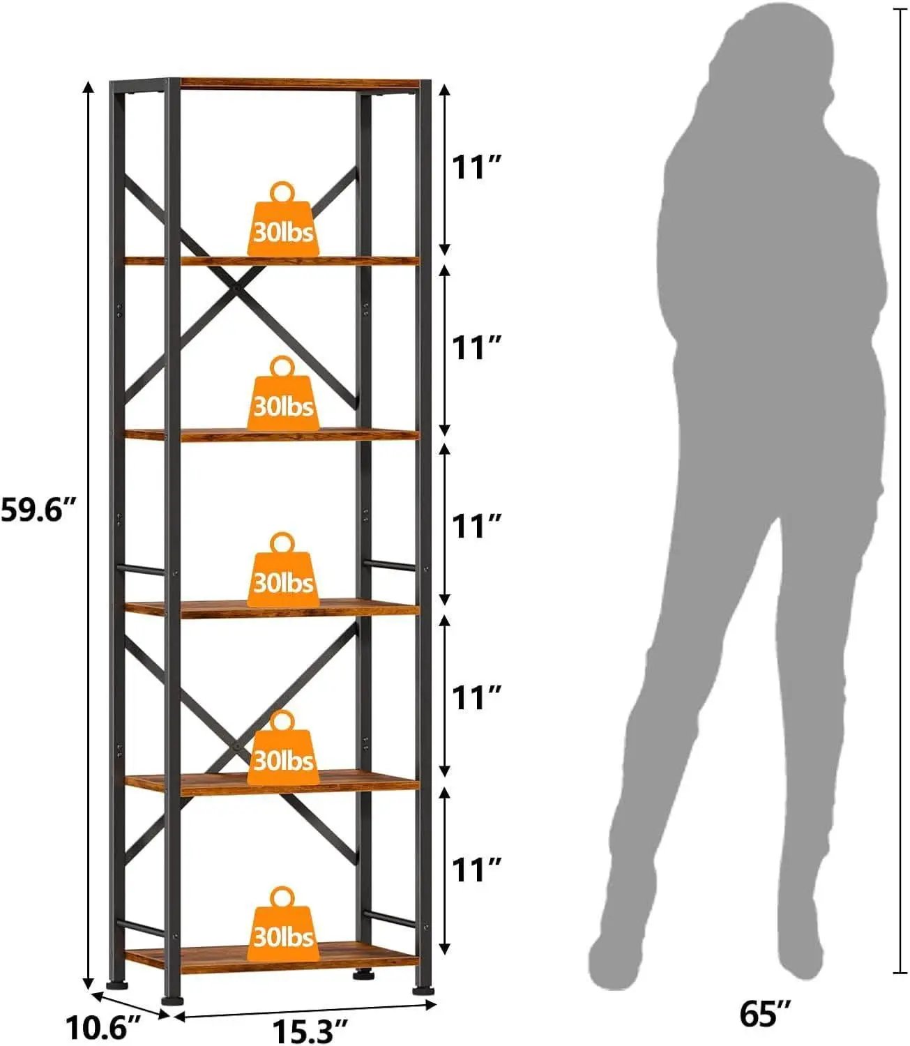 Tall Industrial Bookcase 6 Tier Rustic Brown Storage from PriceLows™
