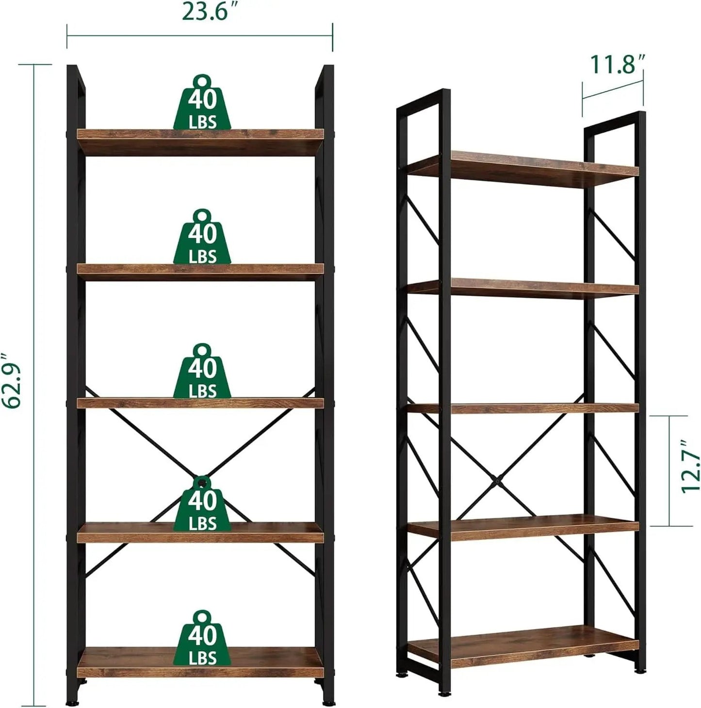 5 Tier Bookshelf Rustic Brown Tall Bookcase For Home Office from PriceLows™