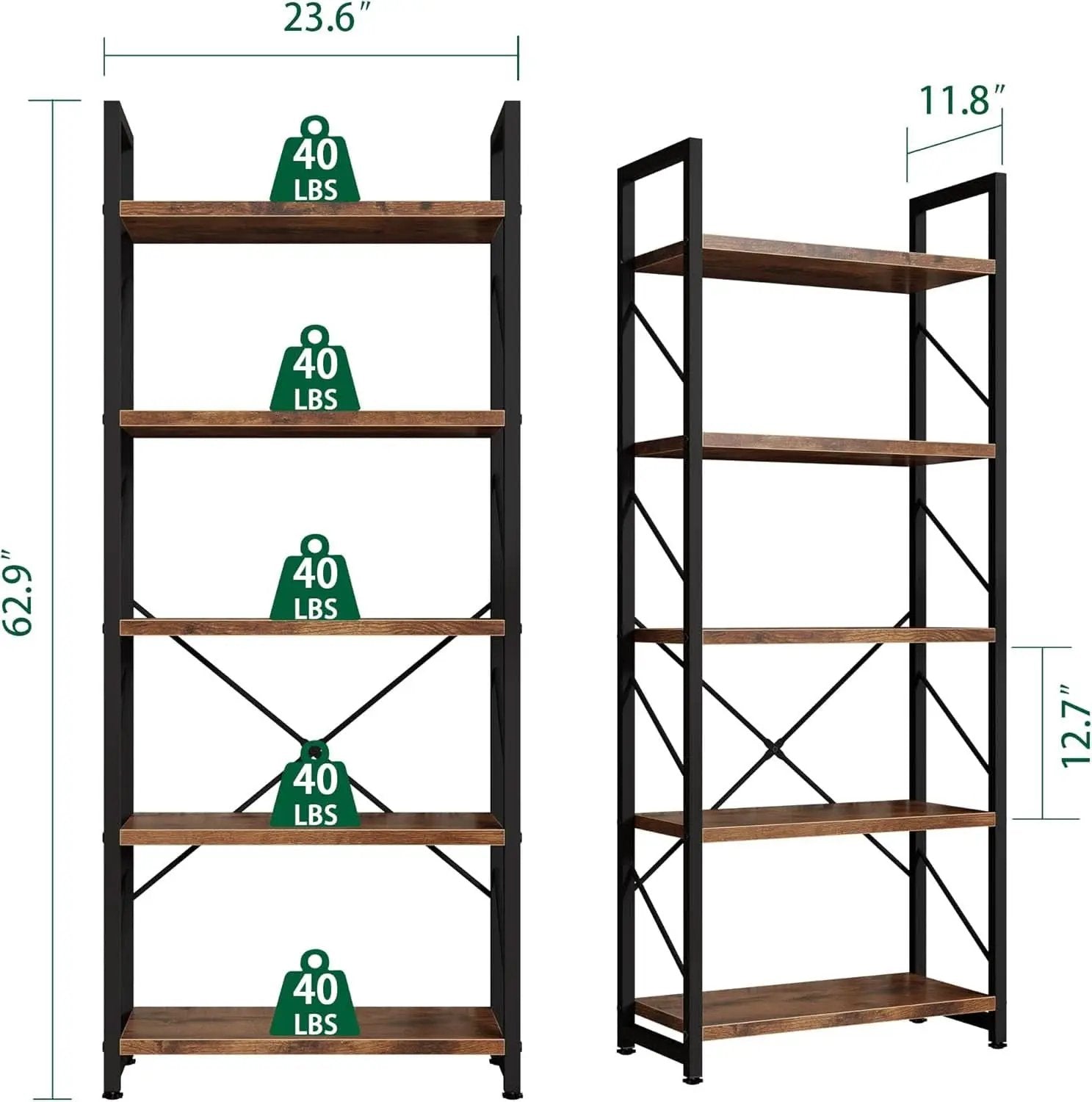 5 Tier Bookshelf Rustic Brown Tall Bookcase For Home Office from PriceLows™