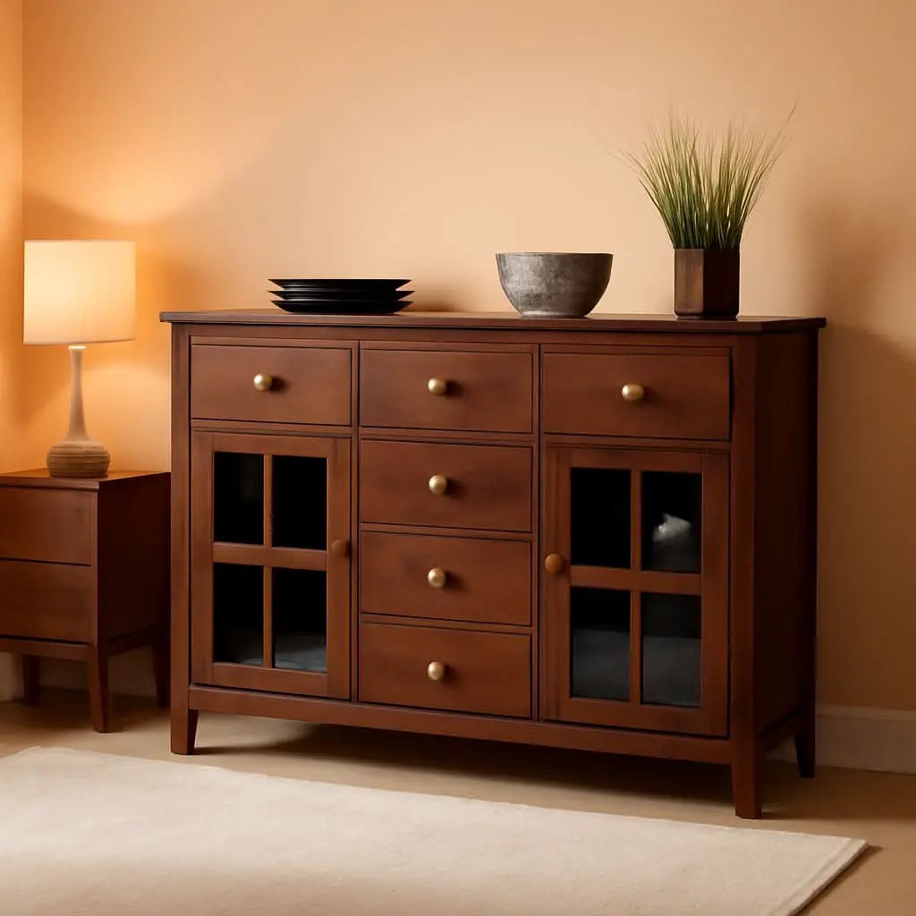 Pine Wood Sideboard Buffet Russet Brown Adjustable Shelves from PriceLows™