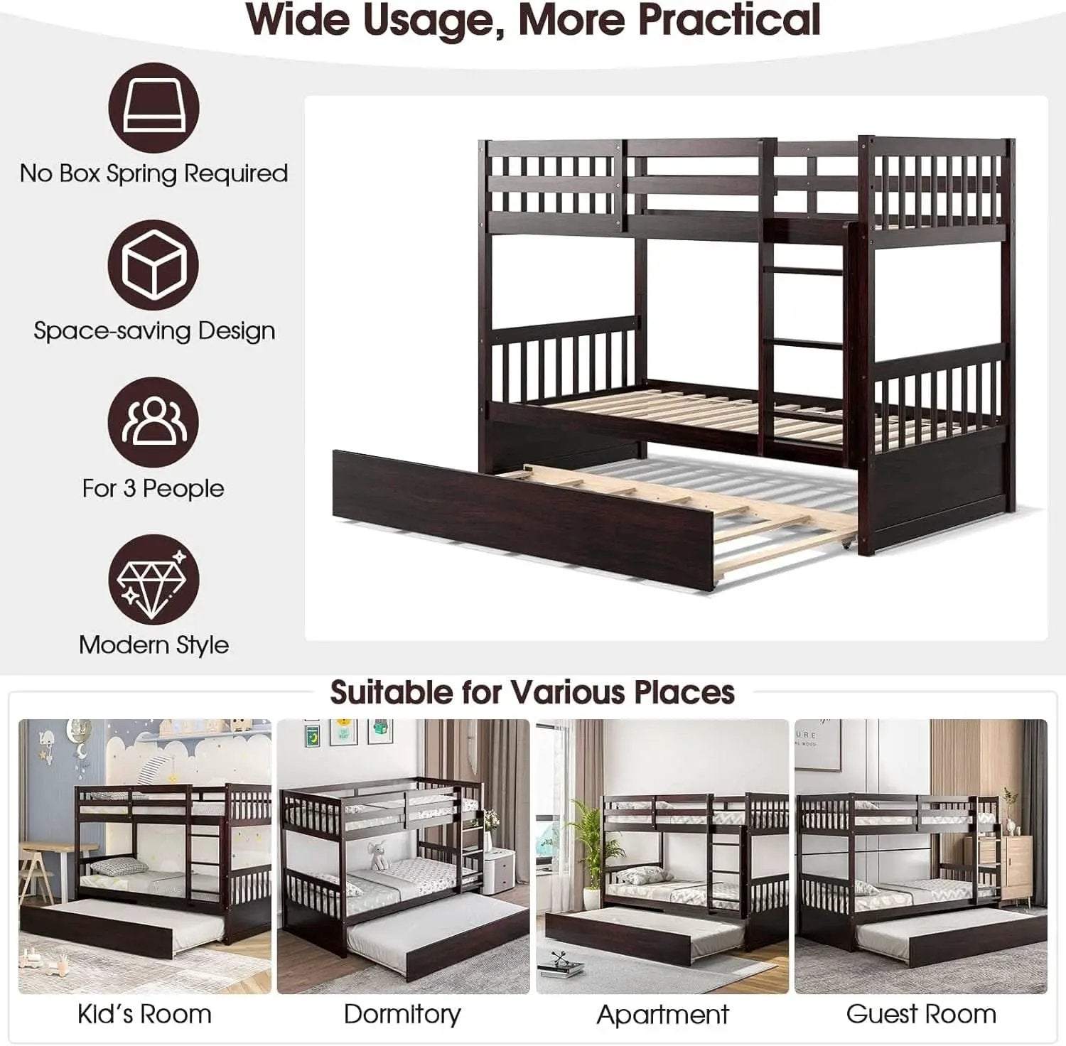 Twin Over Twin Bunk Bed With Trundle In Espresso Solid Wood from PriceLows™