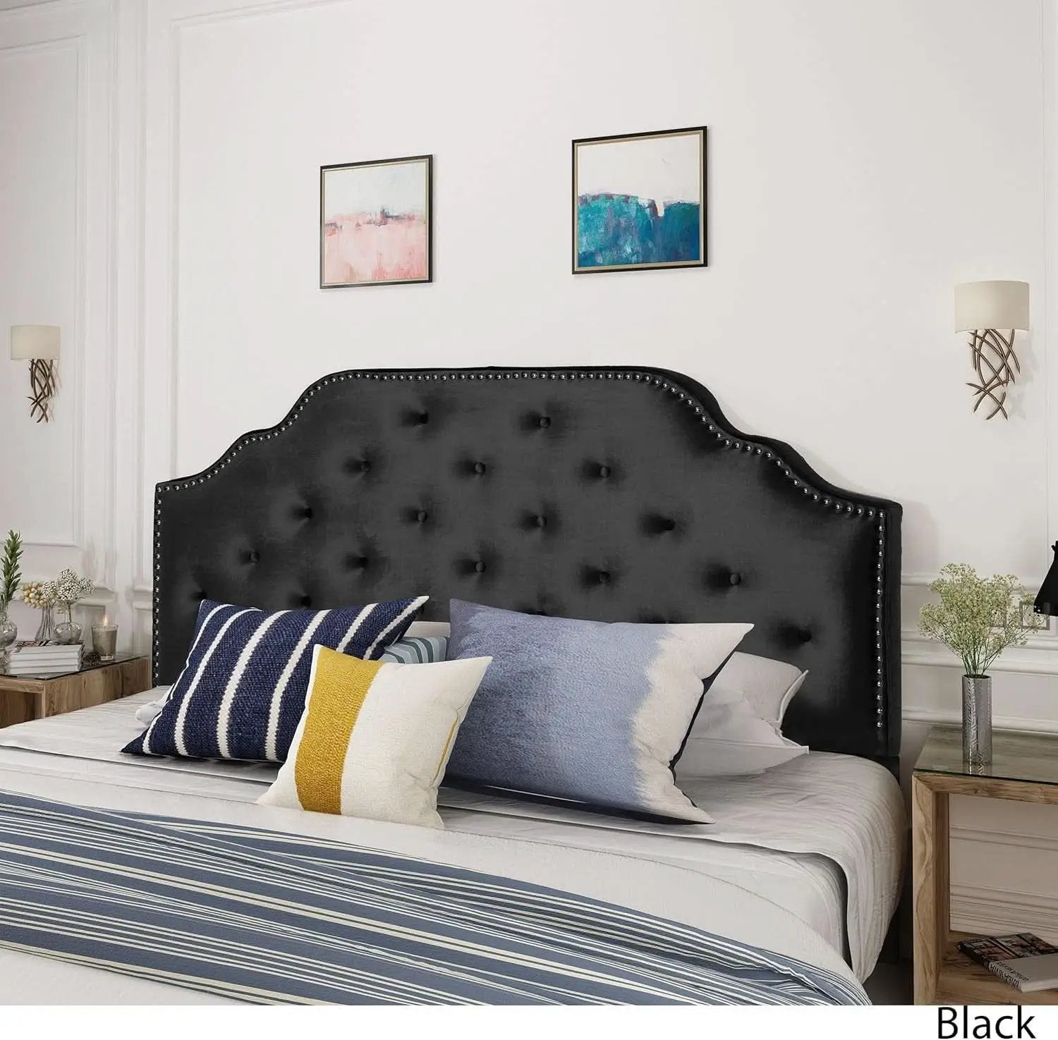 Contemporary Black Velvet Headboard with Button Tufted Design from PriceLows™