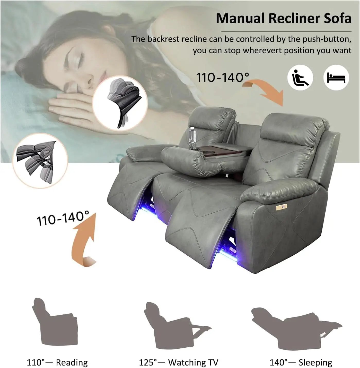 Power Leather Recliner Sofa Set, 2 Piece With LED Lights And USB Ports, Grey from PriceLows™