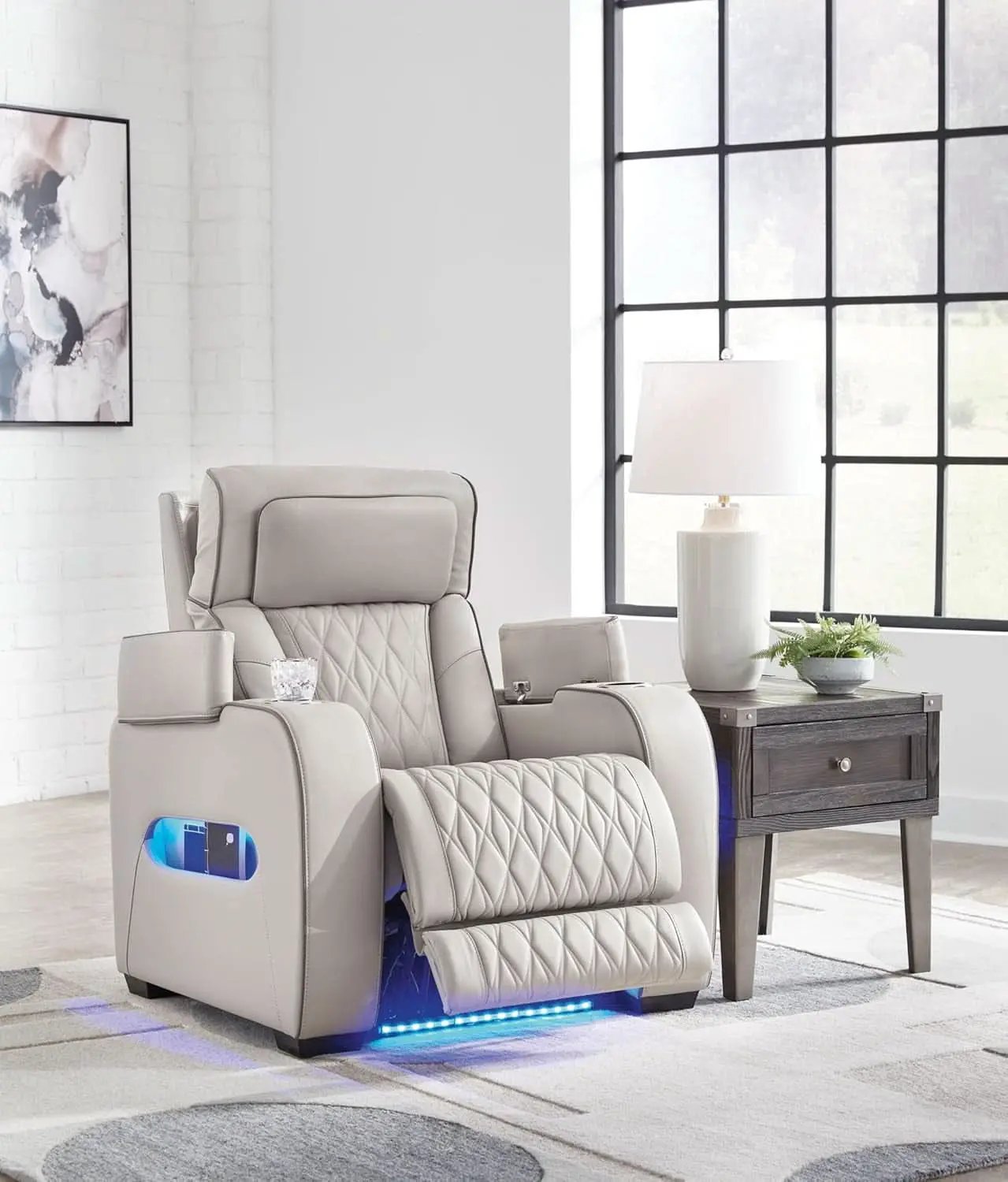 Light Gray Leather Power Recliner With Adjustable Headrest from PriceLows™