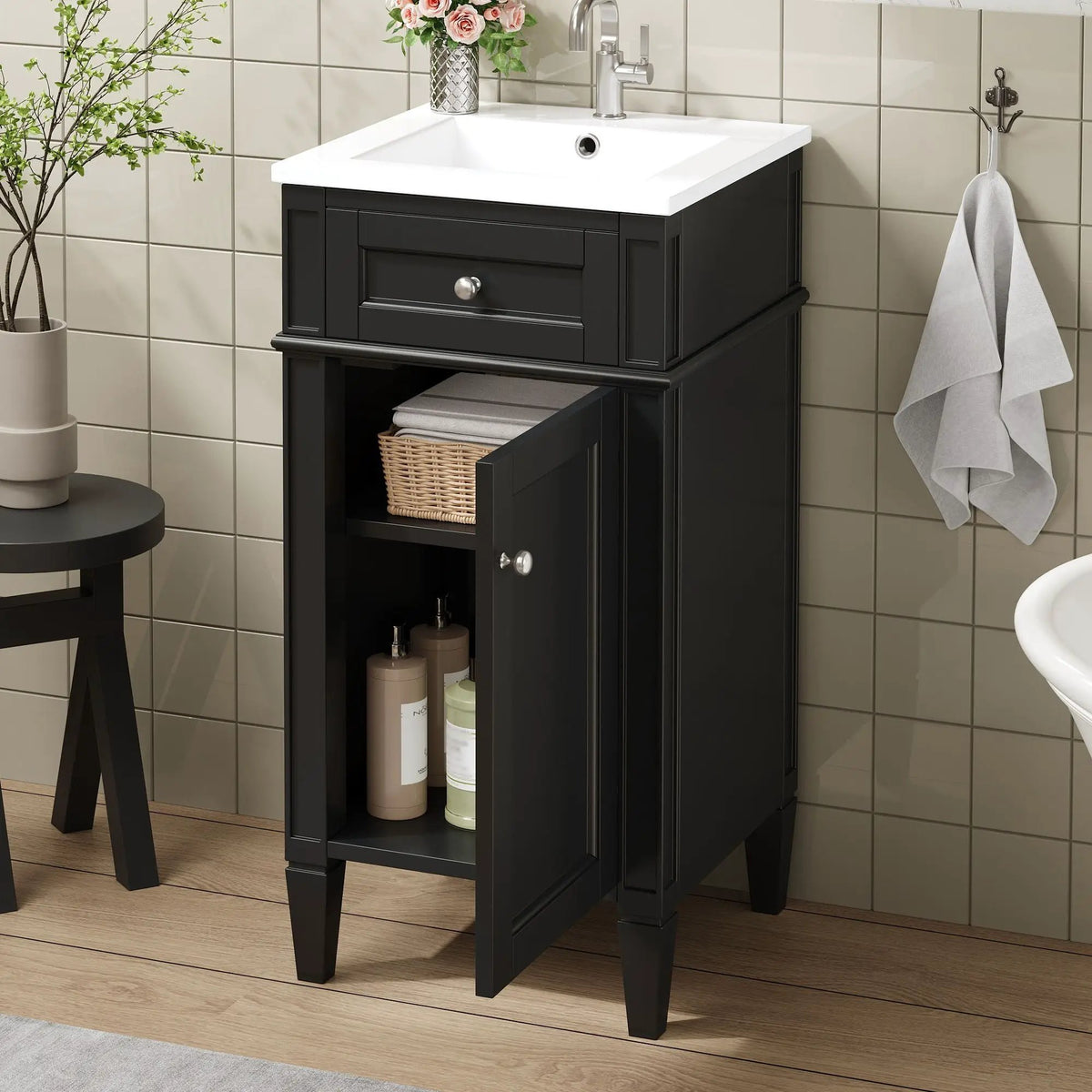 French Style Bathroom Vanity | Integrated Ceramic Sink | Fluted Panels | Solid Wood Legs