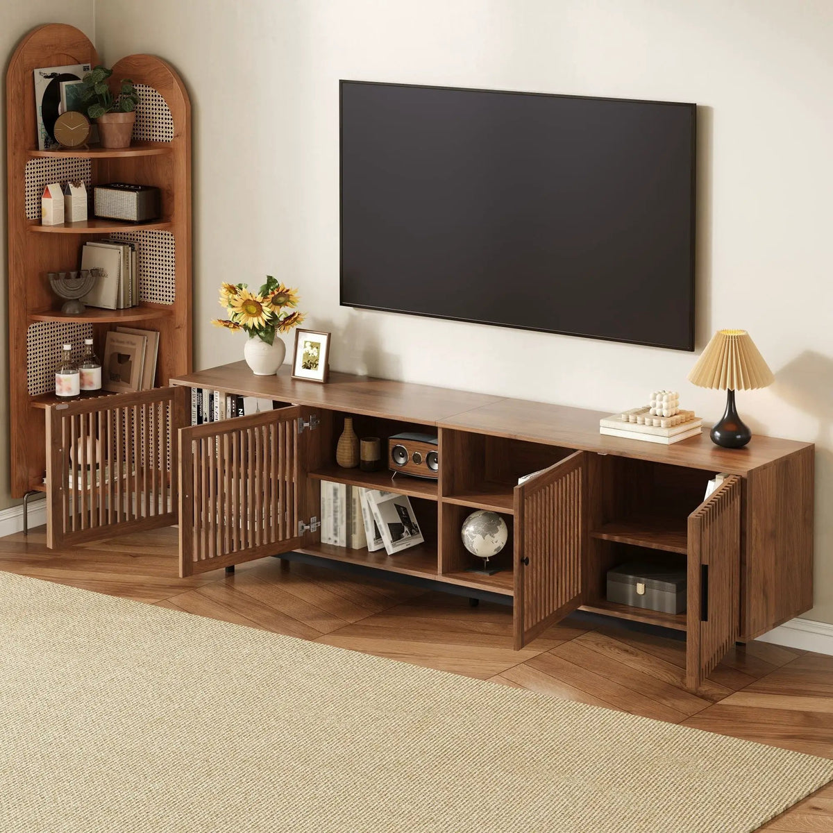 TV Stand | Walnut Finish | Slatted Doors | Cable Management