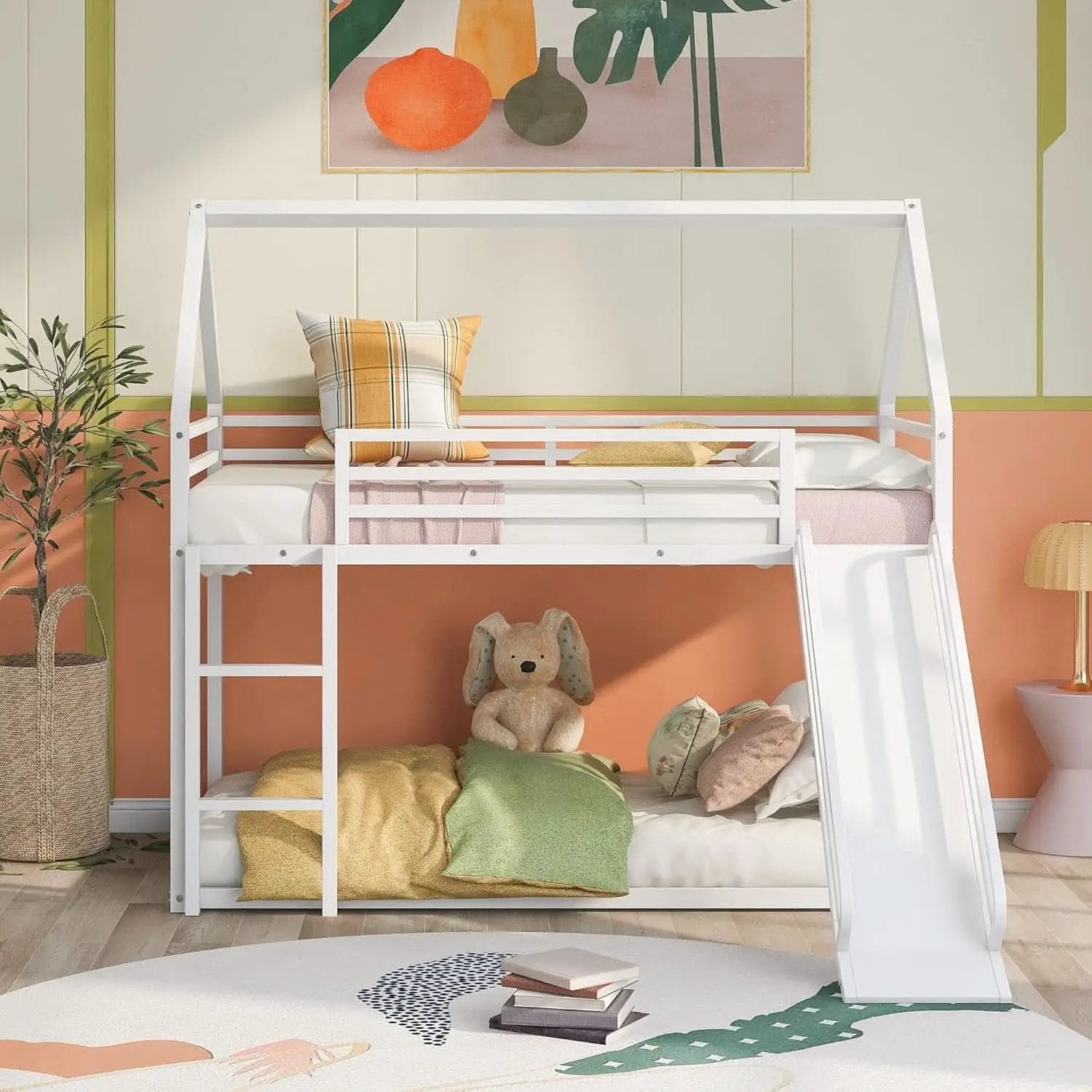 Twin Over Twin Metal Floor Bunk Bed With Slide Playhouse from PriceLows™