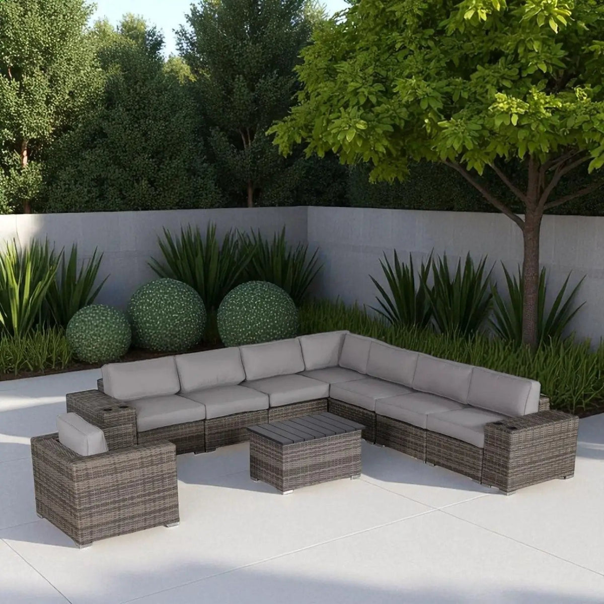 Patio Rattan Sectional Set | Half-Round HDPE Wicker | Rustproof Aluminum Frame | Fully Assembled