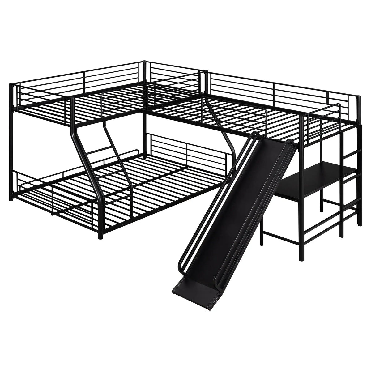 L Shaped Triple Bunk Bed | Twin Over Full Frame | Built In Desk | Black