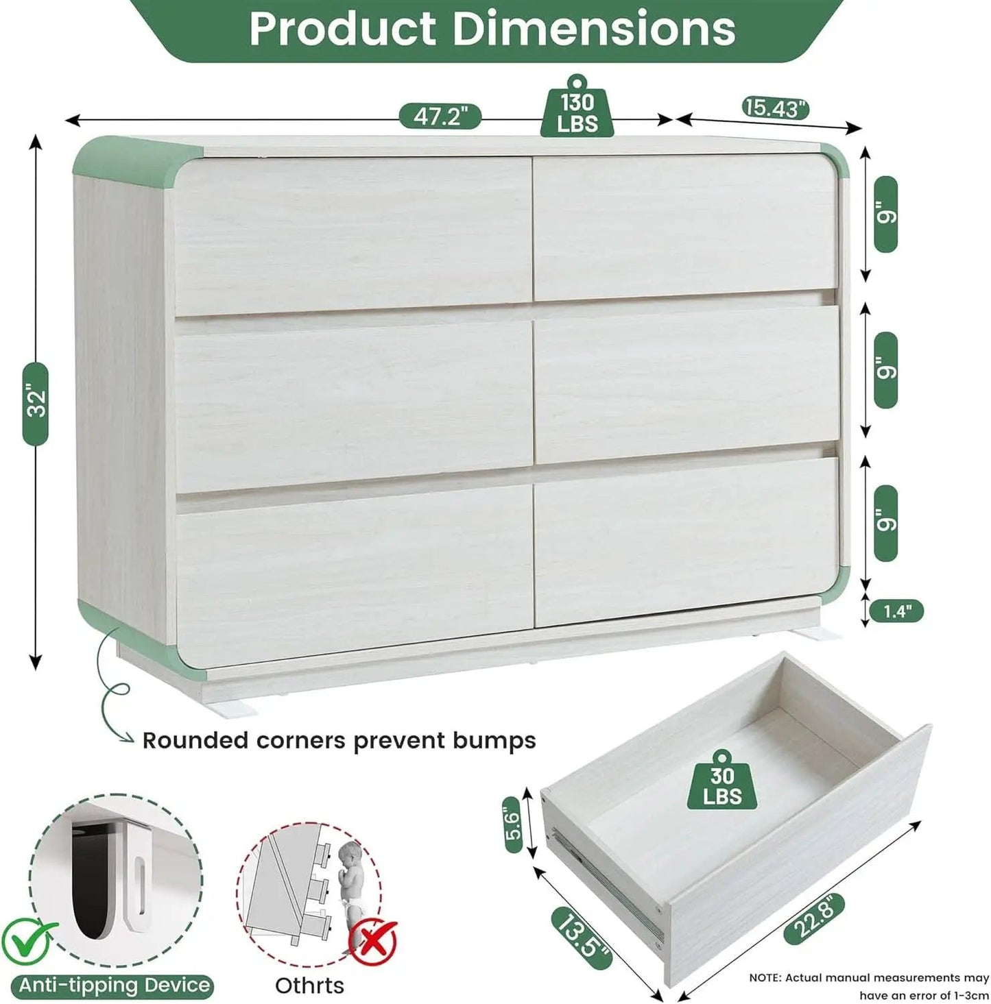 47 Inch White Dresser With Six Drawers Anti Tip Design from PriceLows™