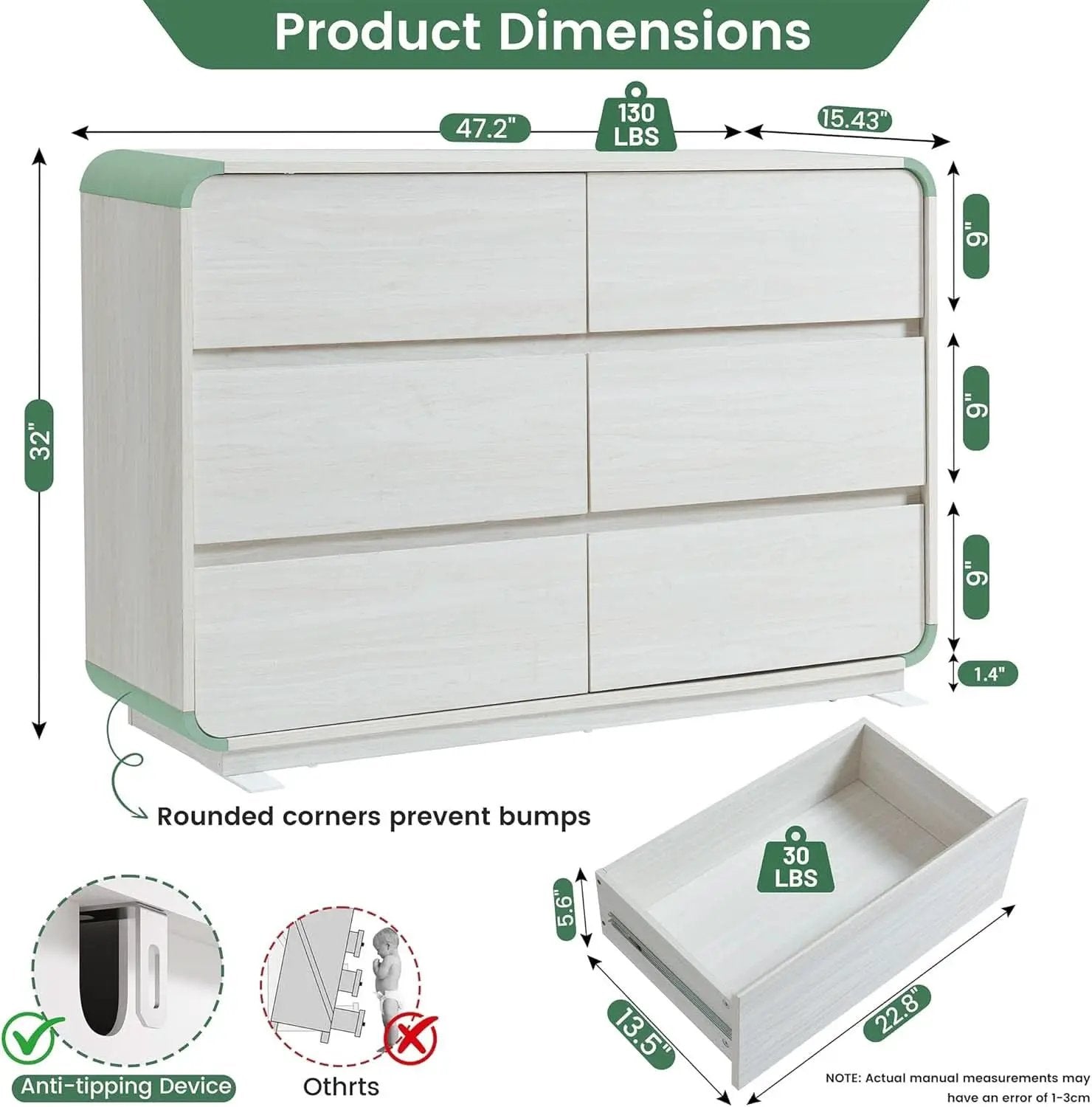 47 Inch White Dresser With Six Drawers Anti Tip Design from PriceLows™