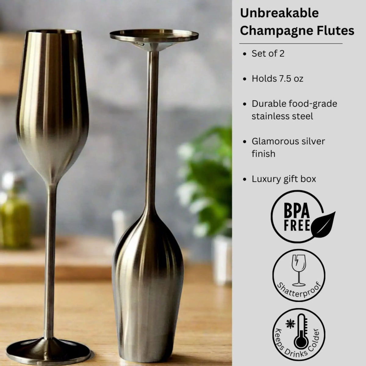 Champagne Flutes | Stainless Steel | Unbreakable Build | Silver Finish