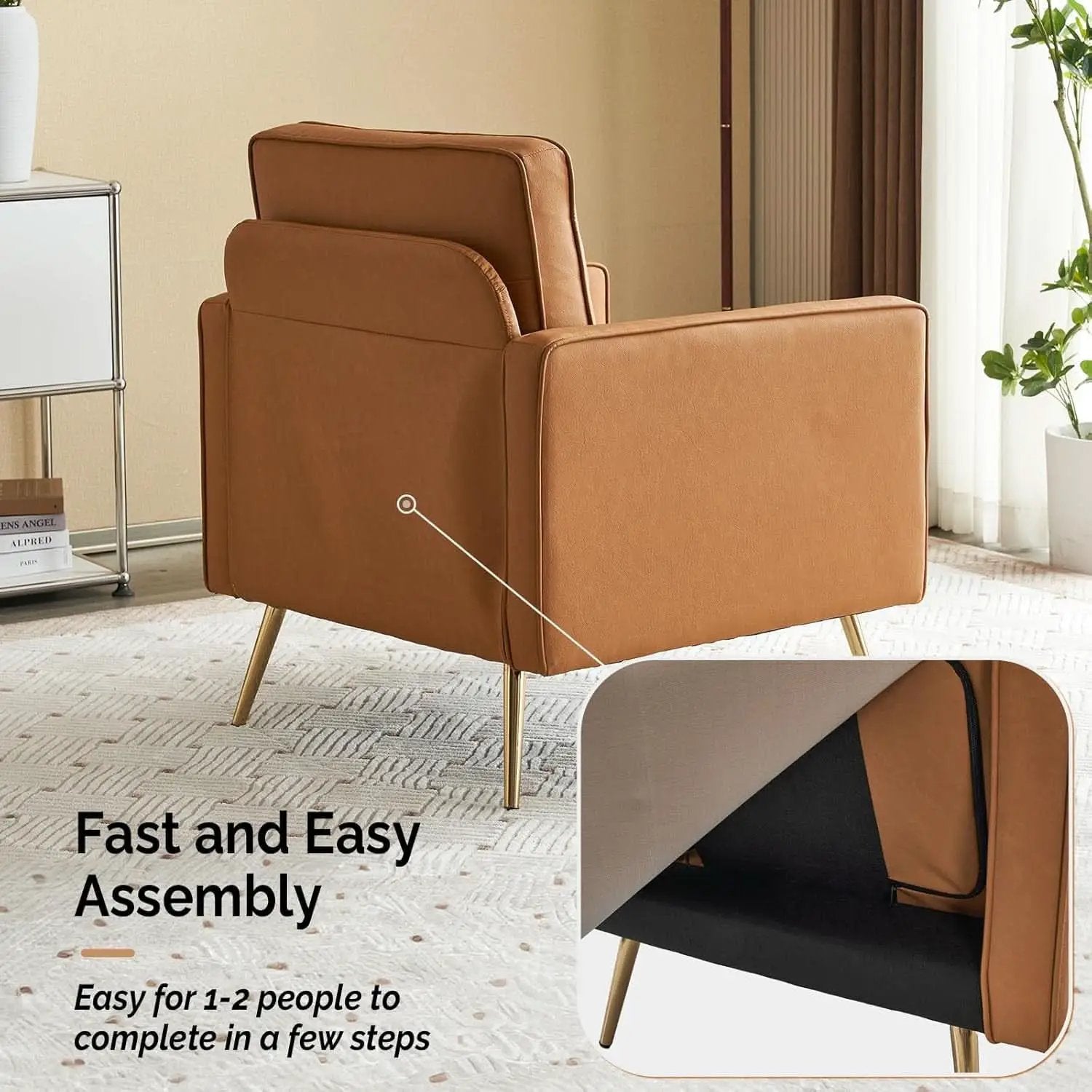 Brown PU Leather Accent Chairs Set Of 2 With Gold Legs from PriceLows™
