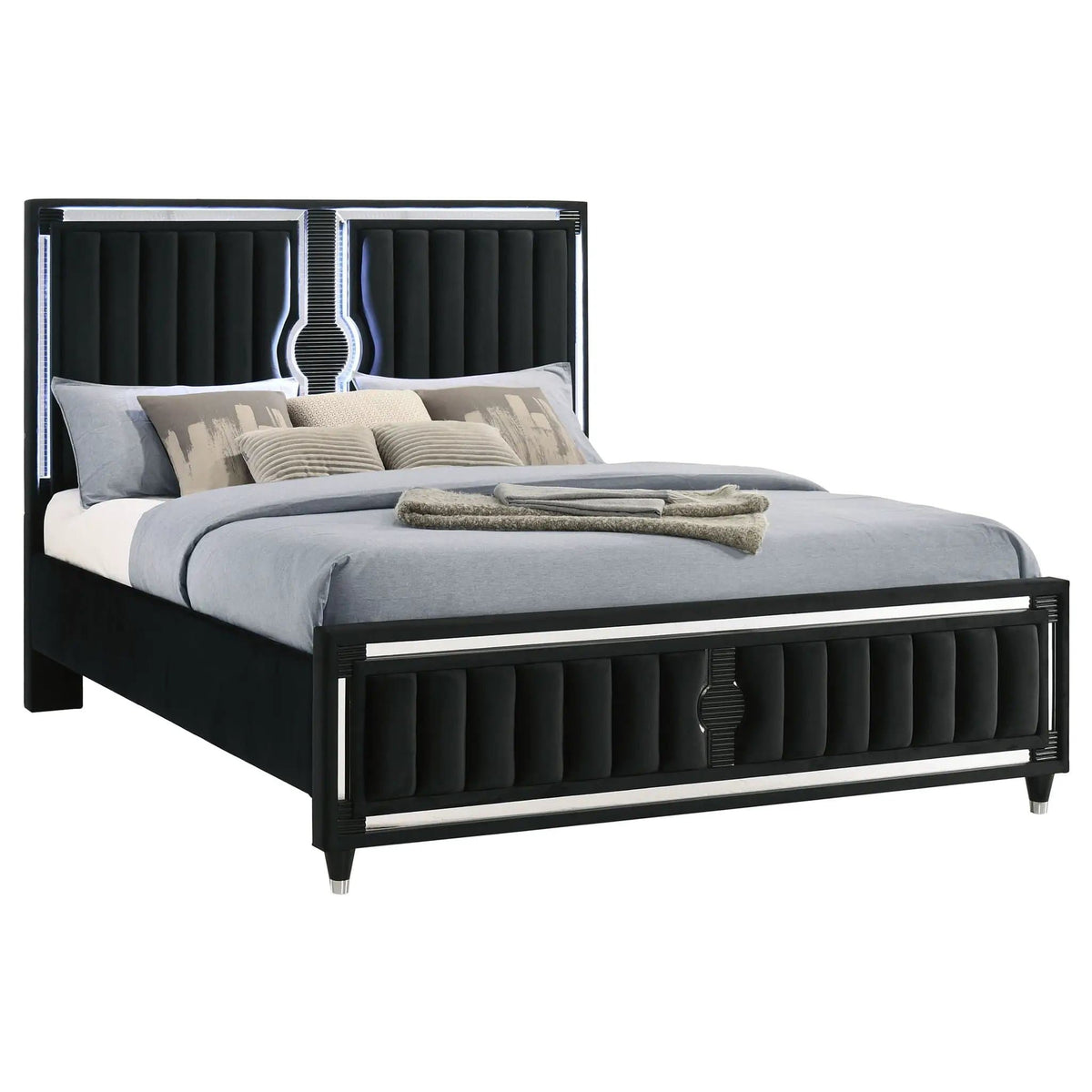 Ravenne Velvet Upholstered Eastern King LED Panel Bed | 78.75 x 89 x 61 in | Engineered Wood & Velvet | Black