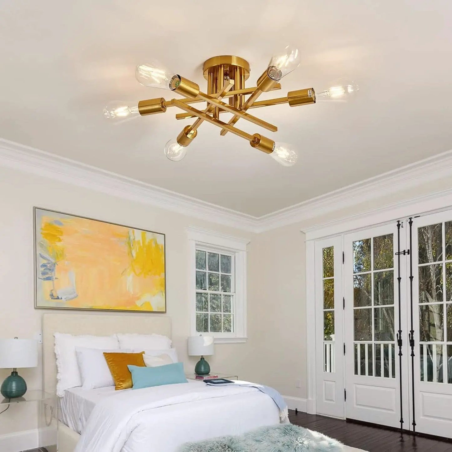 Gold Sputnik Chandelier Semi Flush Mount Ceiling Light from PriceLows™